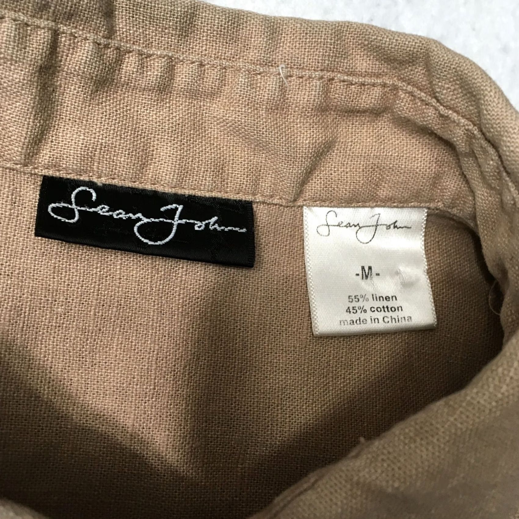 Sean John Sean John Mens Shirt Short Sleeve Button Front Linen Cotton Khaki Canvas Beige Size US M / EU 48-50 / 2 - 4 Thumbnail
