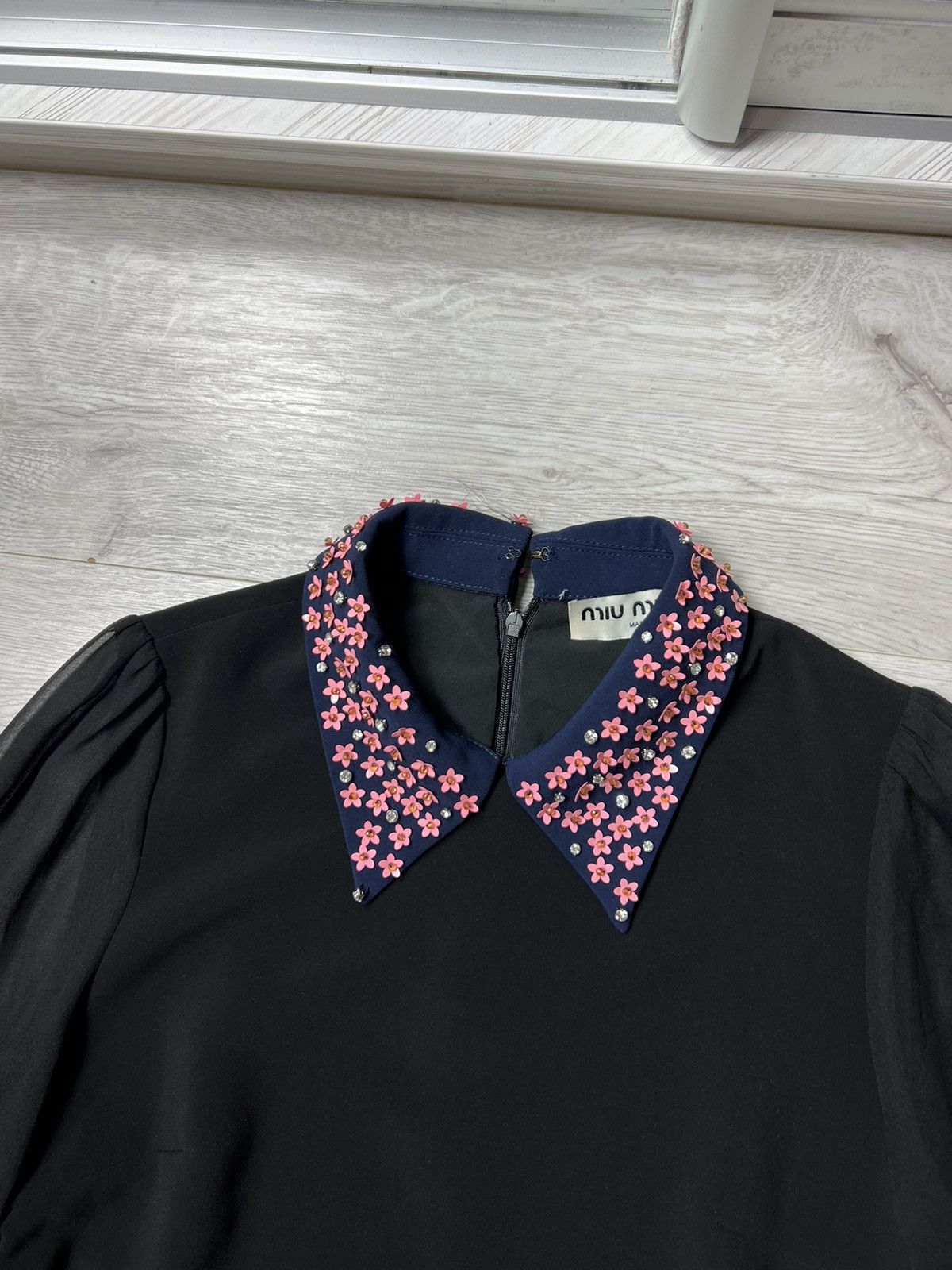 Miu Miu Rare MIU MIU Dress With Flowers On The Collar & Mesh Sleeves Size M / US 6-8 / IT 42-44 - 3 Thumbnail