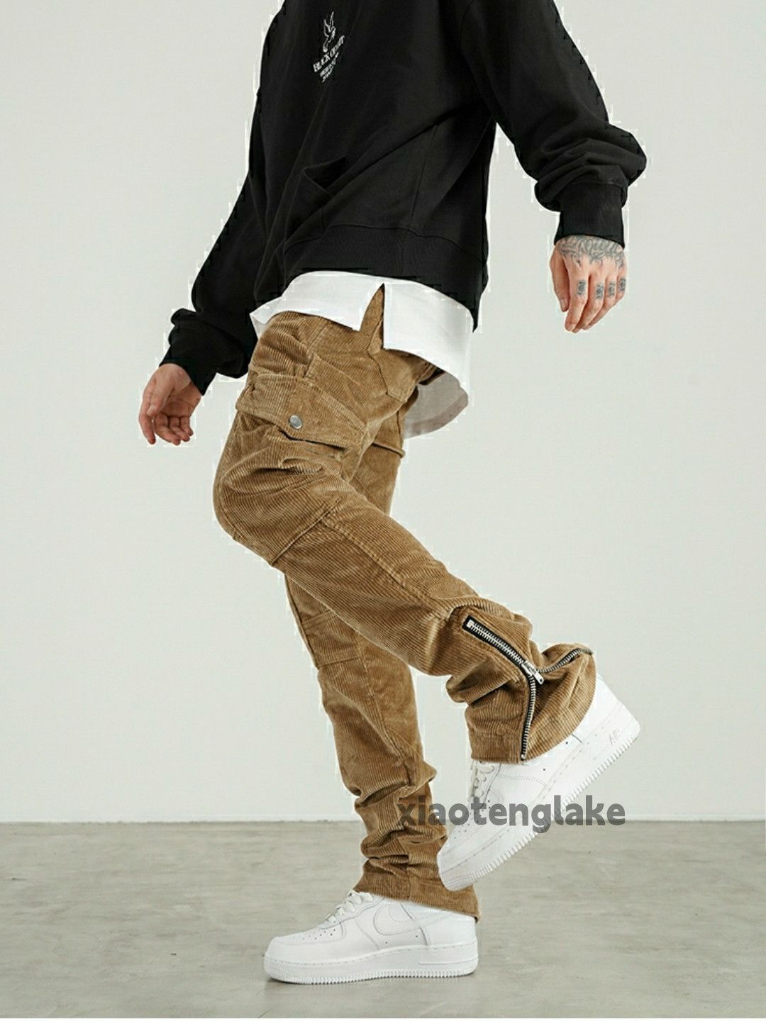 zipper corduroy skate hiphop flared cargo pants