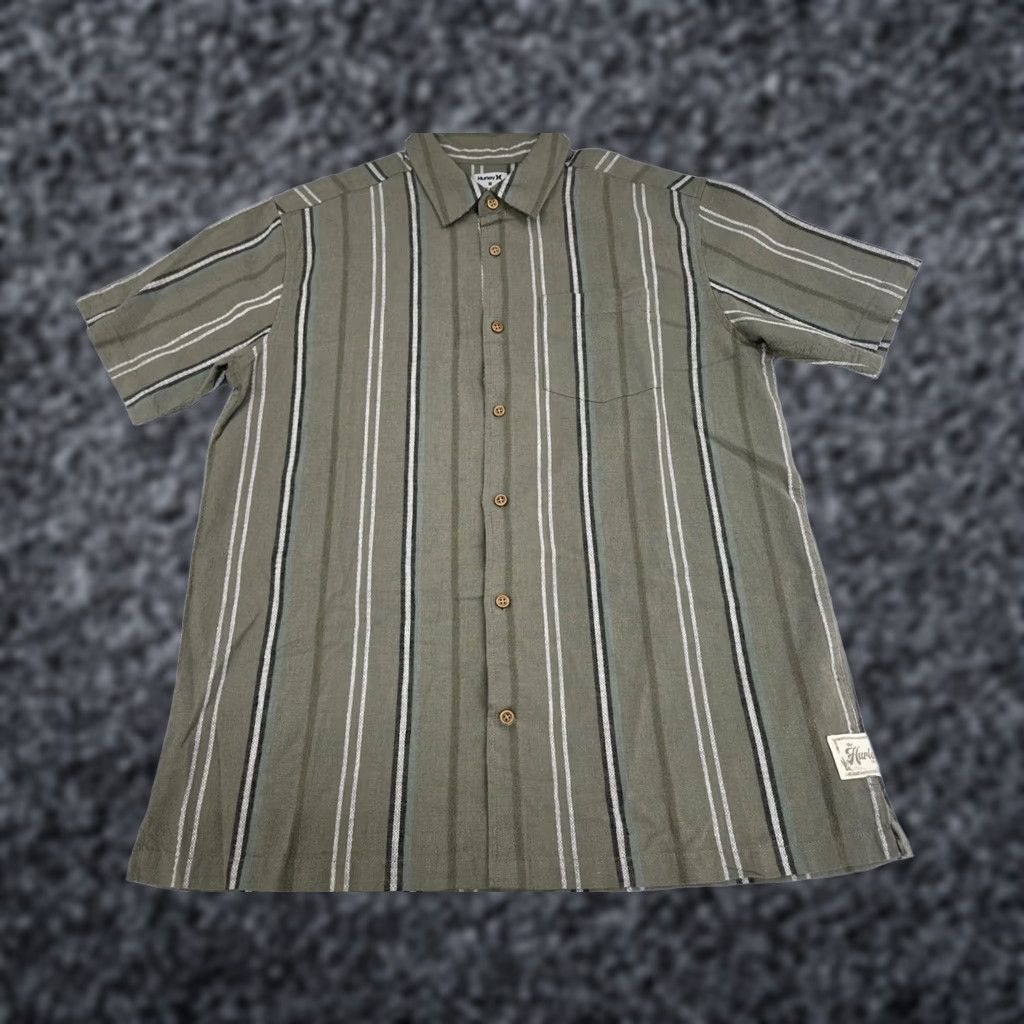 Hurley Hurley Mens Short Sleeve Button Up Green Striped Cotton/Linen Shirt M Size US M / EU 48-50 / 2 - 1 Thumbnail