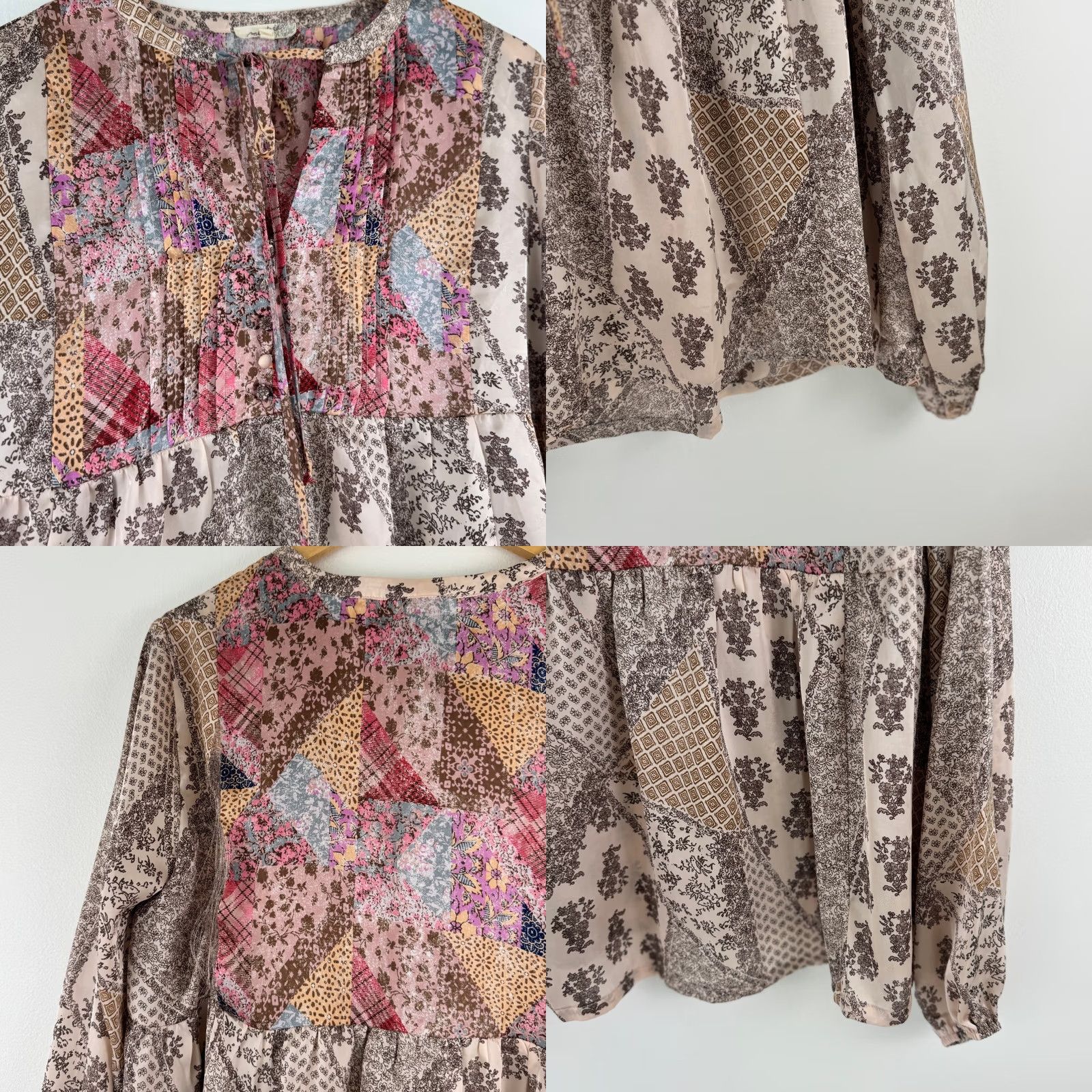 Vintage Mystree Blouse Women's Tunic V-Neck Balloon Sleeve Floral Patchwork Bohemian Chiffon Beig e Relaxed Casual Party/Cocktail L Size L / US 10 / IT 46 - 8 Thumbnail