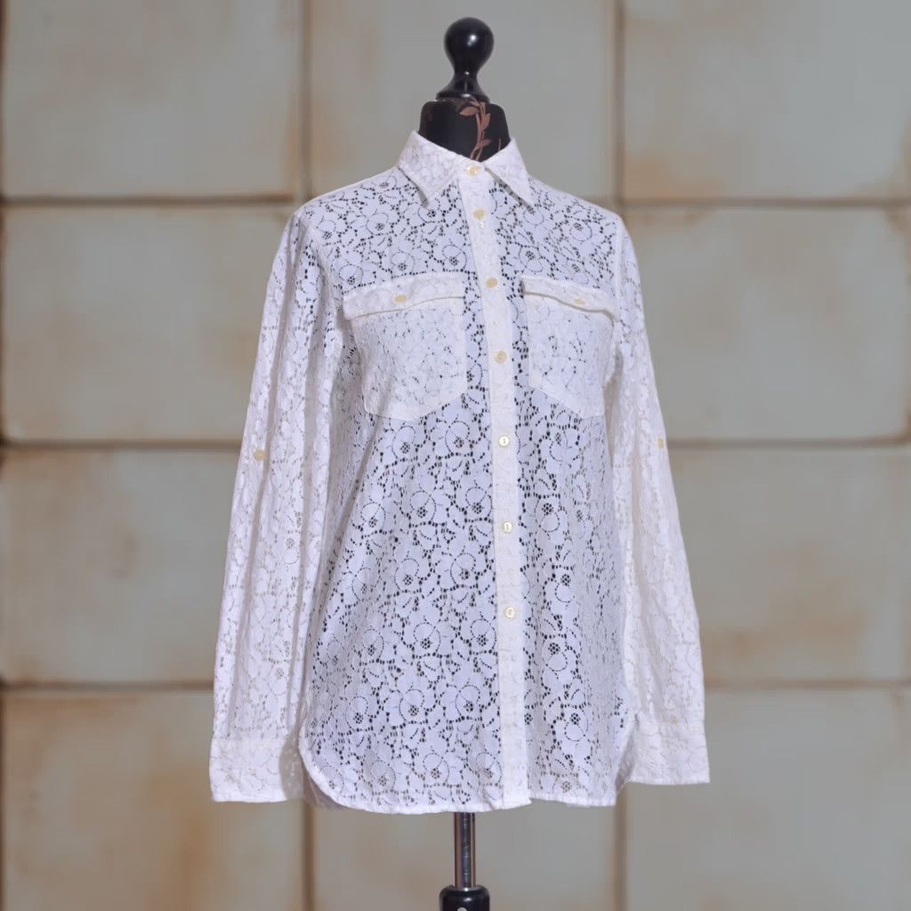 Ralph Lauren Ralph Lauren Denim & Supply Womens Button-Up Shirt Beige Floral Lace Long Sleeve/Collared White Small XS? Size S / US 4 / IT 40 - 1 Thumbnail