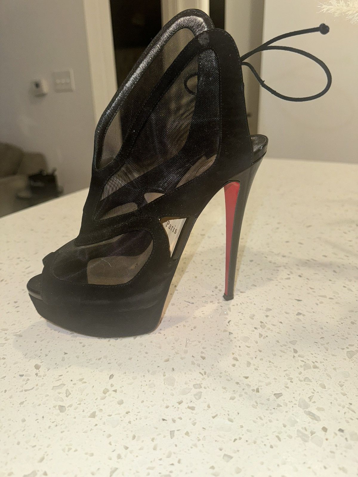 Christian Louboutin Elegance in Black: Mesh Stilettos with Iconic Red Soles Size US 7.5 / IT 37.5 - 5 Thumbnail