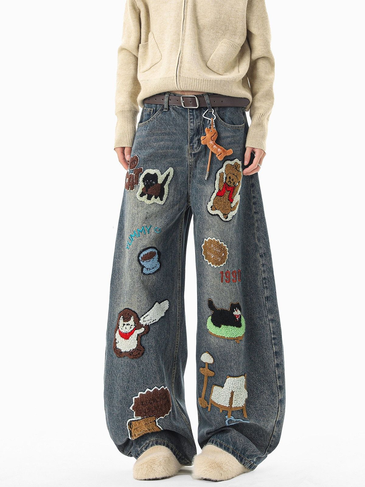 Vintage Men's Relaxed-Fit Denim Jeans with Cartoon Cat Embroidery Size US 32 / EU 48 - 1 Thumbnail