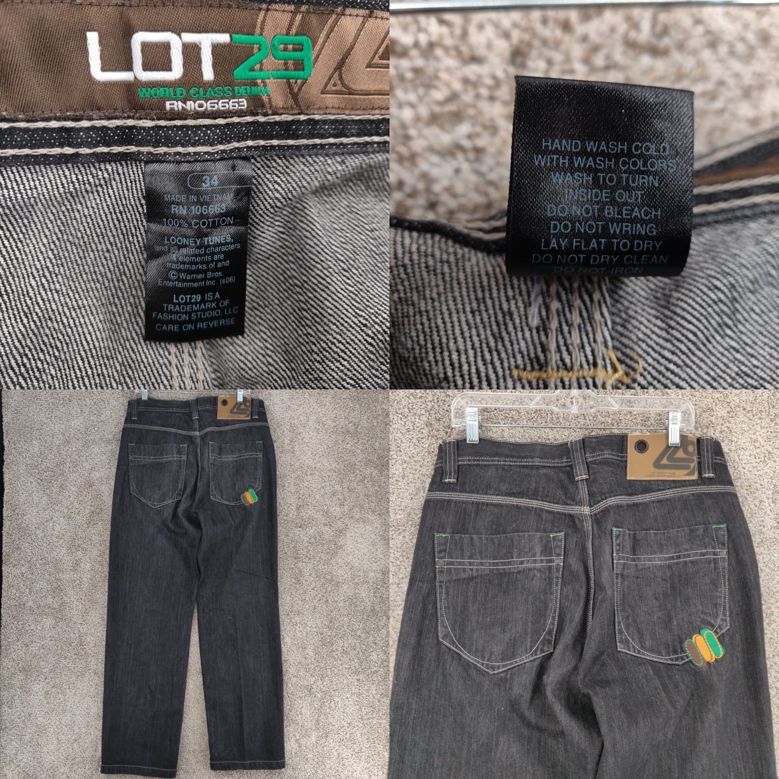 VINTAGE Lot 29 Tasmanian Devil Baggy Jeans Mens 34x33 Black Hip Hop Grunge Y2K