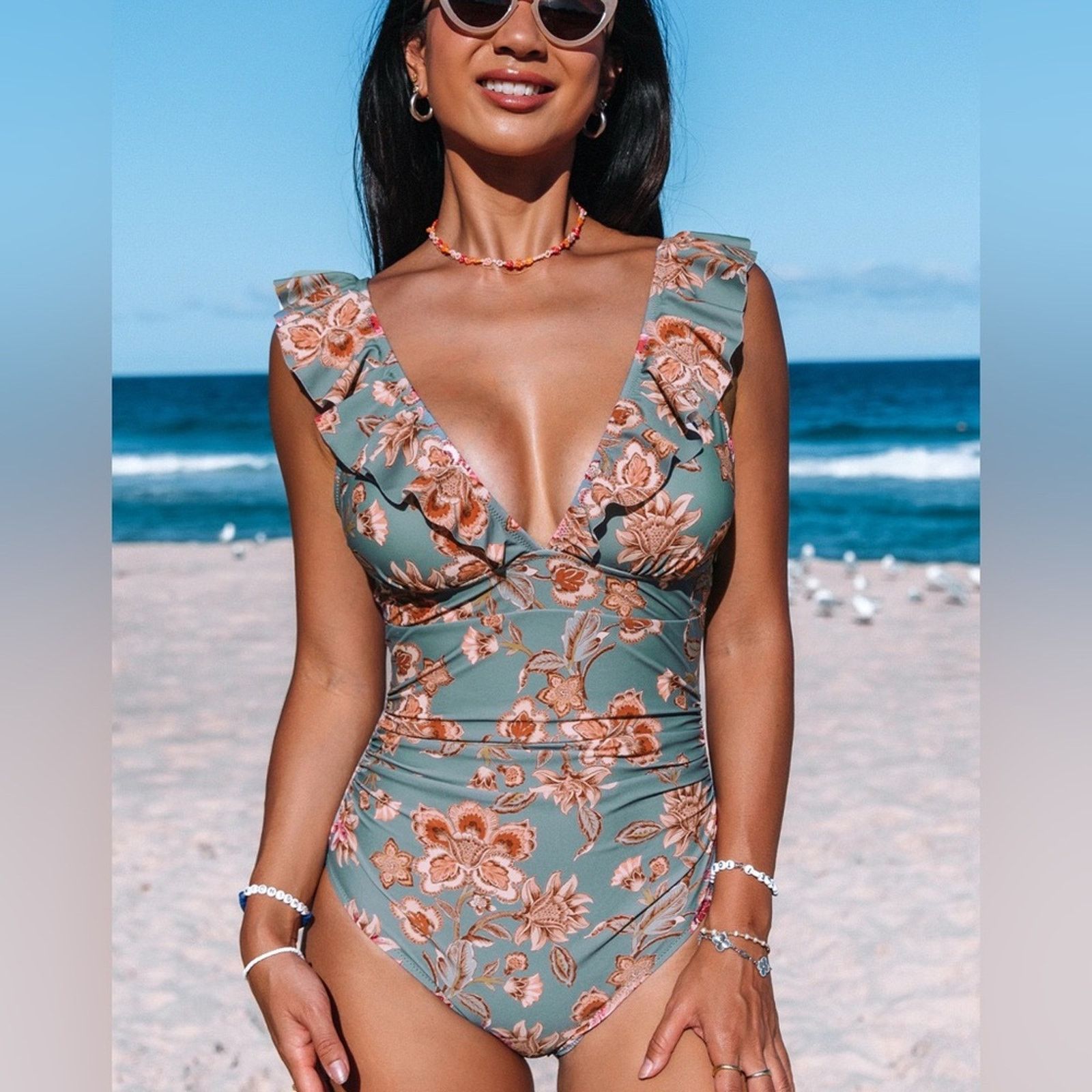 Cupshe Floral Flutter Lace Up Back One Piece Swimsuit in Grey, Women's (Size 2XL)