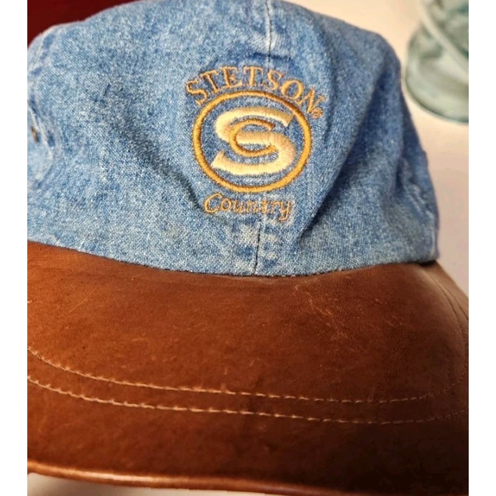 Stetson VINTAGE Stetson USA MADE Blue Jean Denim Cap Hat Leather Brim Strapback Baseball Cap Men Adjustable Size XS? No size given. Size US 35 - 3 Thumbnail
