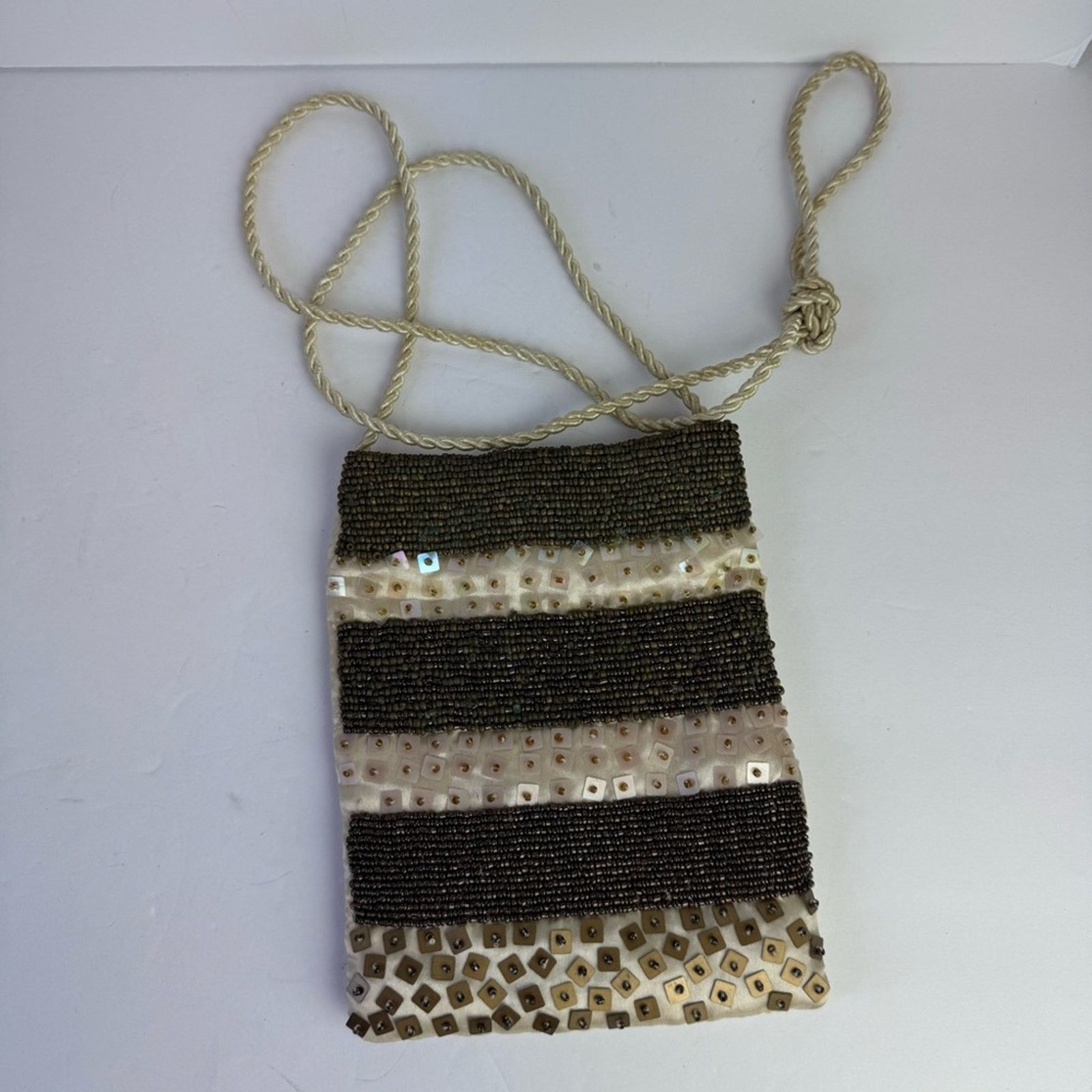 Vintage Cream Silk Bronze Beaded Sequined Evening Evening Bag 5x7 Size ONE SIZE - 7 Thumbnail