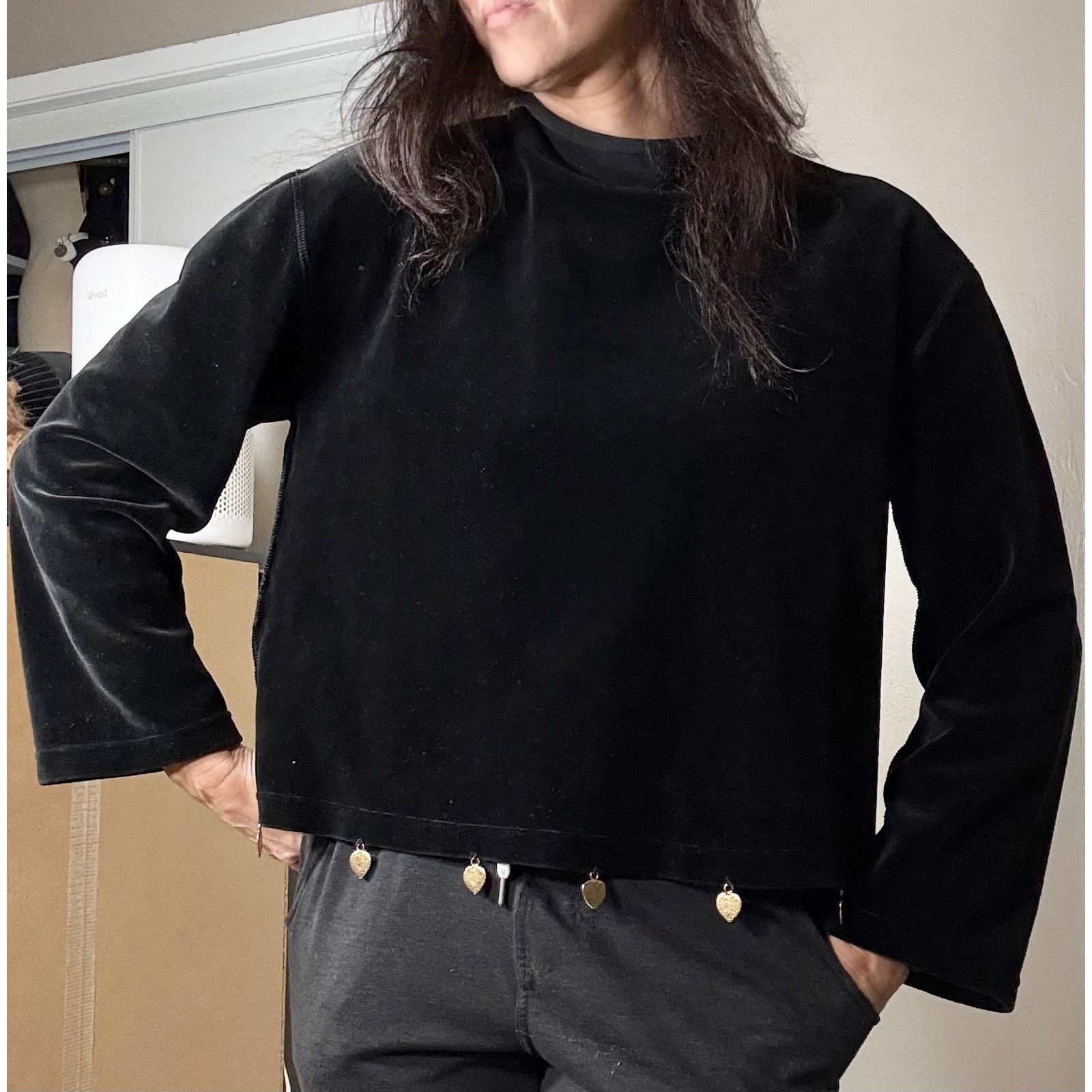 Sonia Rykiel Sonia Rykiel Velvet Funnel Neck Top w/Gold Heart Charms L Size L / US 10 / IT 46 - 1 Thumbnail