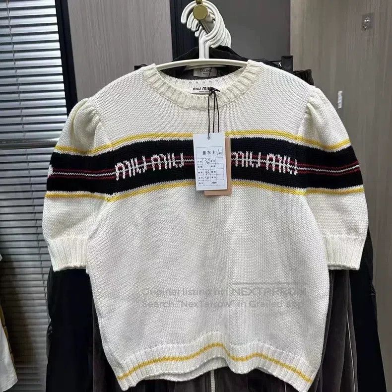 Miu Miu Miu Miu 36 Slogan bubble sleeve knitted short sleeve Size S / US 4 / IT 40 - 1 Thumbnail
