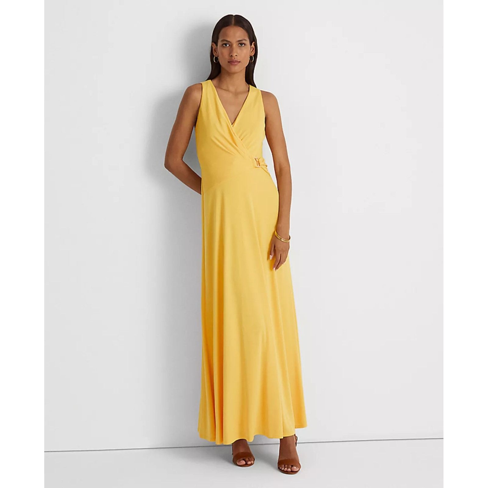 image of Lauren Ralph Laurent Women Buckle Halter Maxi Dress Size 4 in Yellow