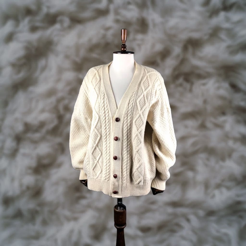 Vintage Aran Cardigan Mens XL Ivory Pure New Wool Wool Knit Cable-V-Neck Button Shirt Sweater Classic Vintage No Size US XL / EU 56 / 4 - 1 Thumbnail