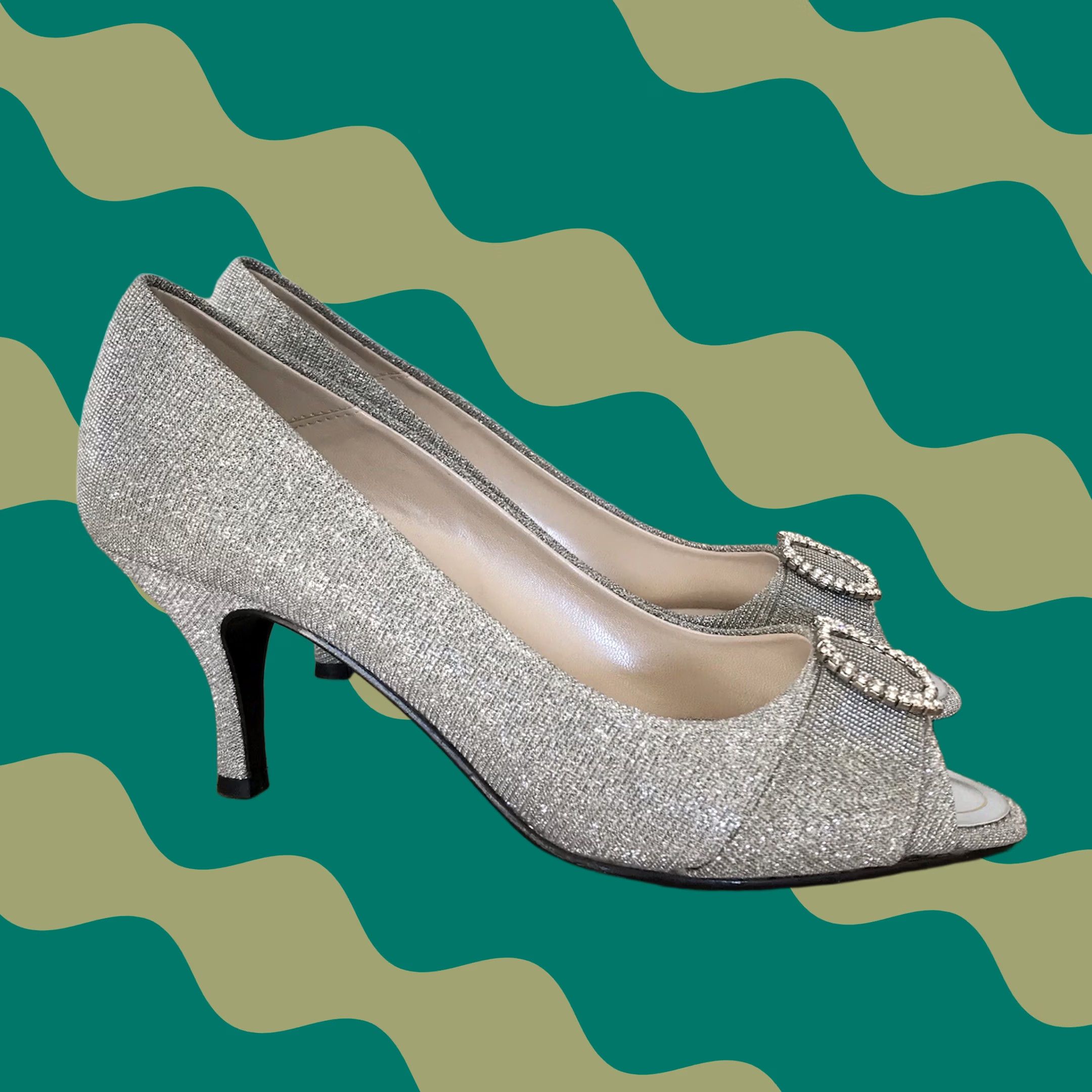 Vintage Caparros Women Silver Nohr Rhinestone Ornament Peep Toe Slip-On Heels Pumps 10 B Caparros NOHR Wedding Party Size US 10 / IT 40 - 1 Thumbnail