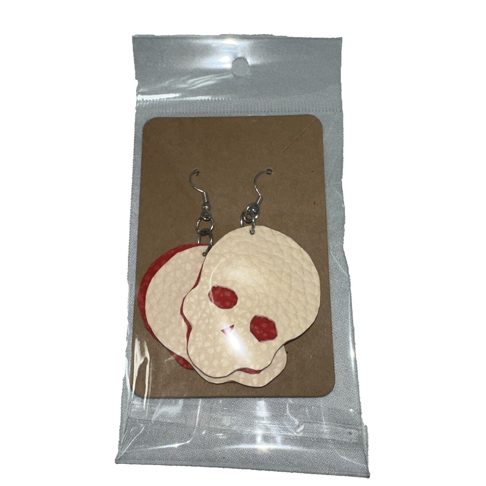Handmade Hand-Made Halloween Skull Red White Pleather Hook Earrings Size ONE SIZE - 8 Thumbnail