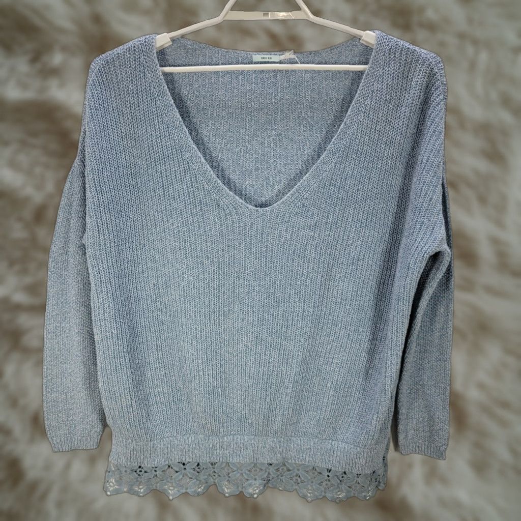 Vintage Kimchi Blue Women's Dropped Shoulder Oversized Blue Sweater Knitted Lace Sz S Knit Style Pullover V-Neck Size S / US 4 / IT 40 - 1 Thumbnail