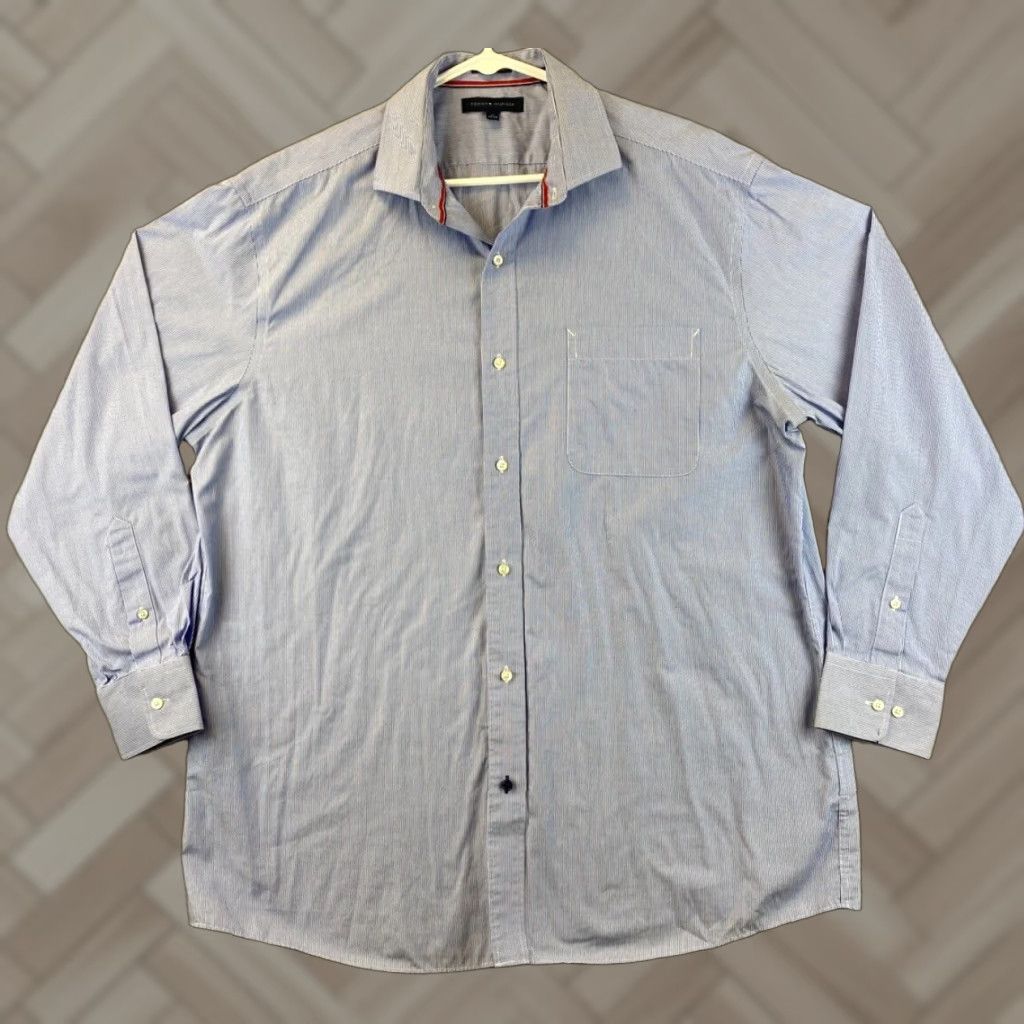 Tommy Hilfiger VINTAGE Tommy Hilfiger Button-Down Shirt Men Large Long Sleeve 17 34/35 Blue Classic Cotton Button-Up Mens Shirt Size US XL / EU 56 / 4 - 1 Thumbnail