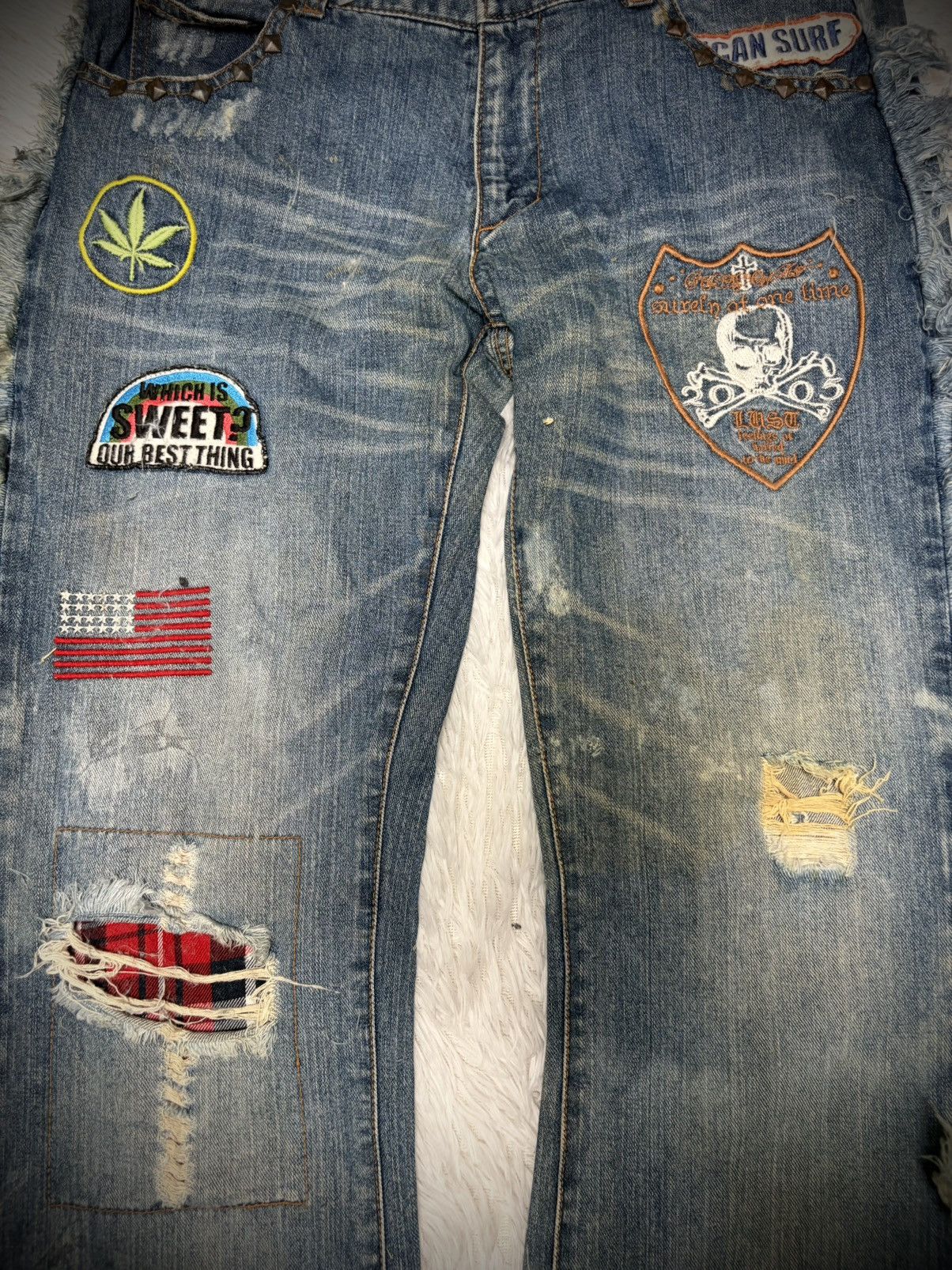 Tornado Mart Rare Lust vkei patches fringe flared jeans Size US 32 / EU 48 - 3 Thumbnail