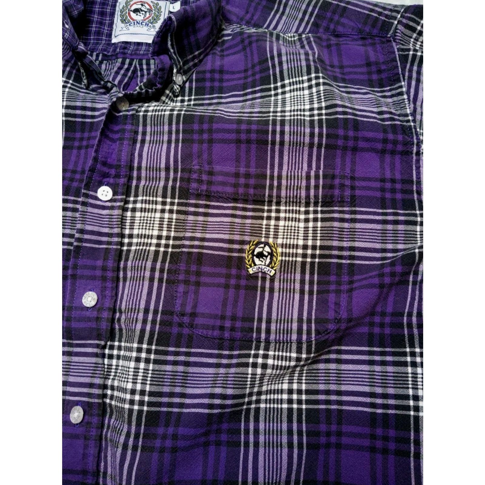 Vintage Cinch Shirt Men's Large Purple Black Plaid Button Down Long Sleeve Western Cowboy Vintage Embroidered Pocket Workwear Size US L / EU 52-54 / 3 - 5 Thumbnail