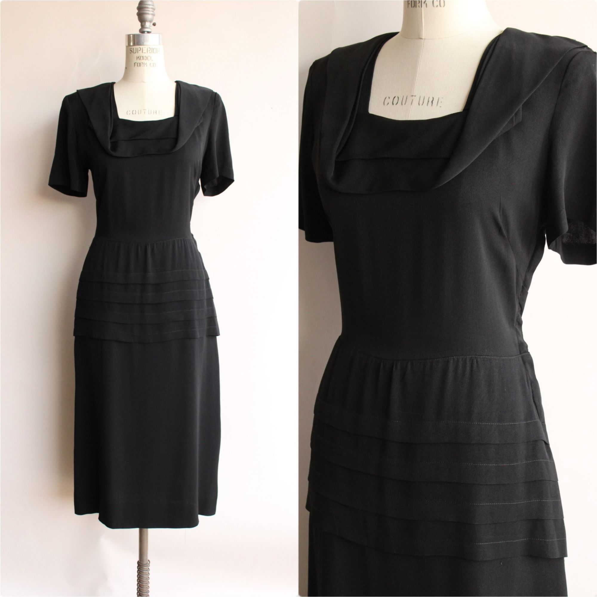 image of Vintage 1940S Dress / Black Rayon Dress With Shawl Collar, F, Women's (Size Large)