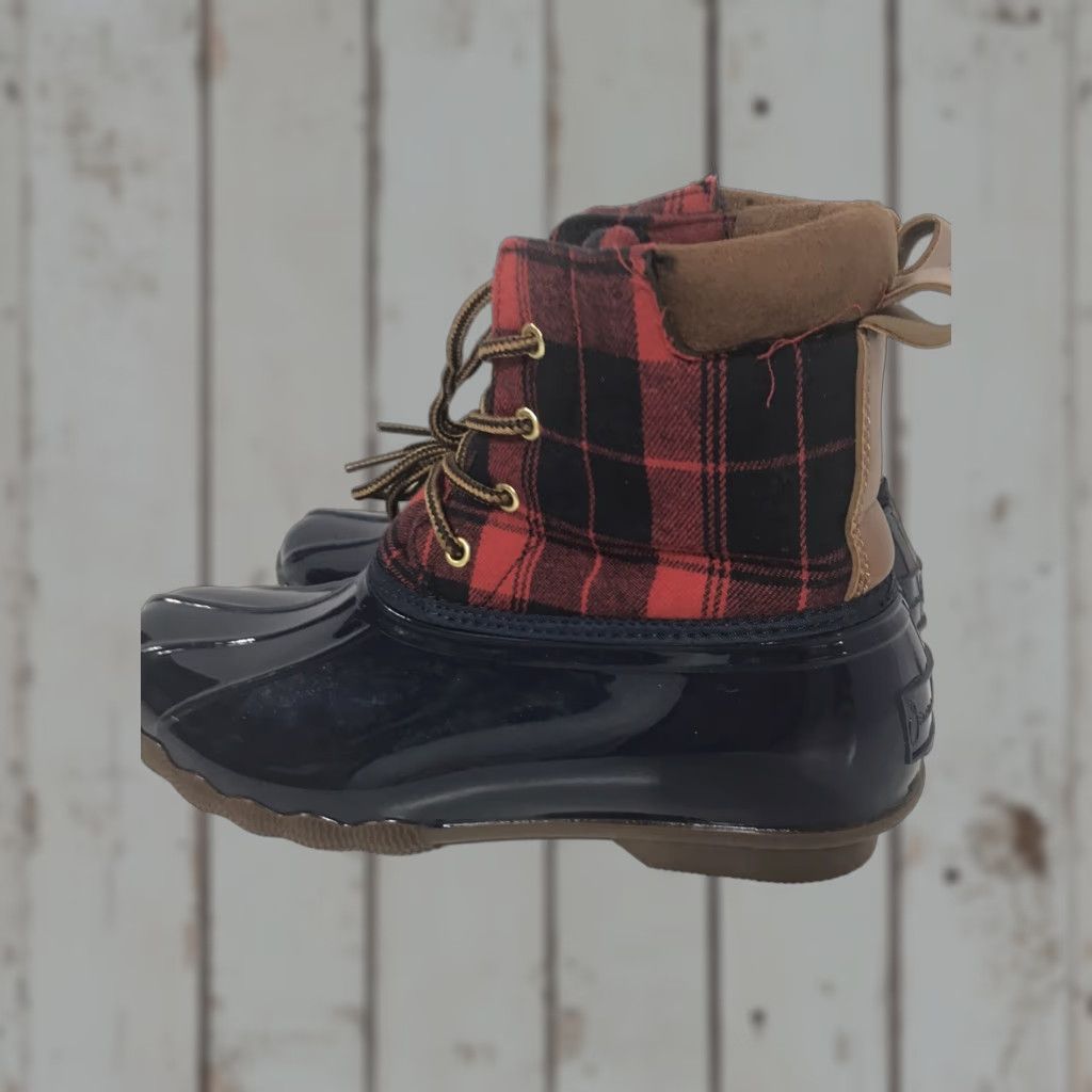 Vintage Jessica Carlyle Women's Duck Boots Fall Winter Water-Resistant Leather Flat Size 8.5 Navy/Red Buffalo Plaid Size US 8.5 / IT 38.5 - 1 Thumbnail
