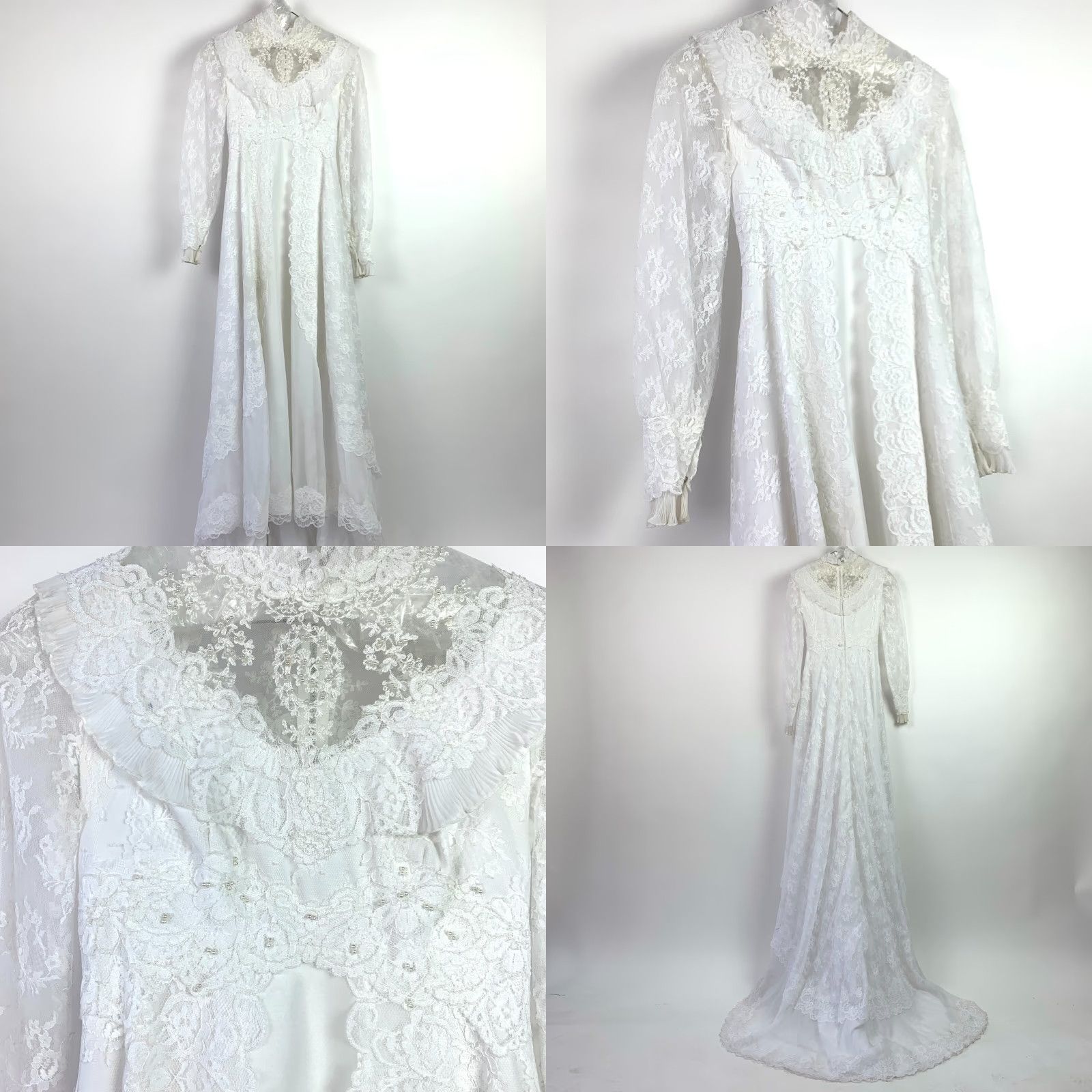 Vintage VINTAGE Union Made White Lace Victorian Boho High Neck Wedding Dress 60s 70s 8 Size ONE SIZE - 10 Thumbnail