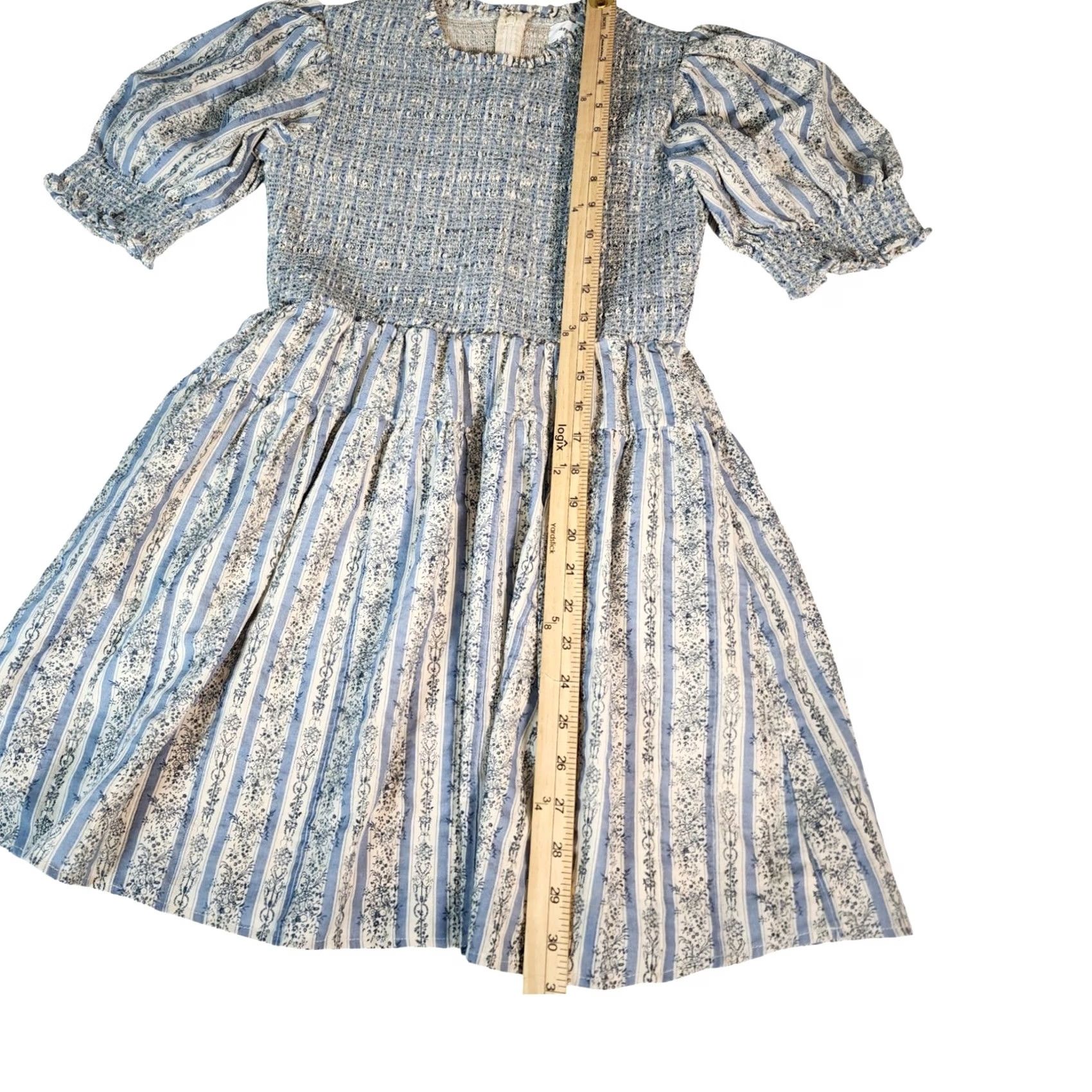 Vintage Aureum Blue Floral Stripe Smocked Mini Dress XS Women Cotton Short Puff Sleeve Zip Back Zipper Pockets Lined Bohemian Flower Spring Summer Vintage N/A Size 26" / US 2 / IT 38 - 3 Thumbnail