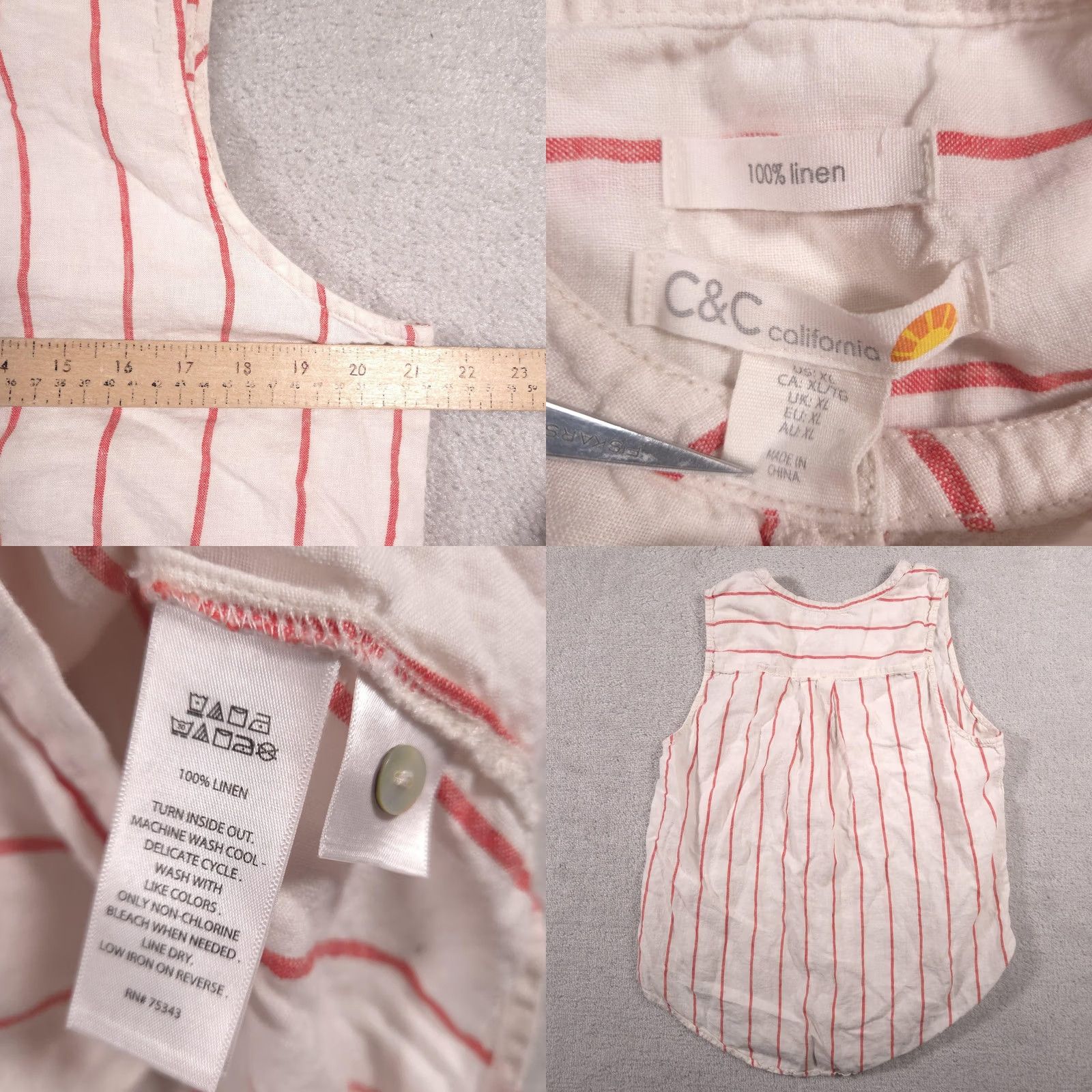 Vintage C&C California Shirt Womens XL White Red Striped 100% Linen Sleeveless Button Up Size XL / US 12-14 / IT 48-50 - 8 Thumbnail