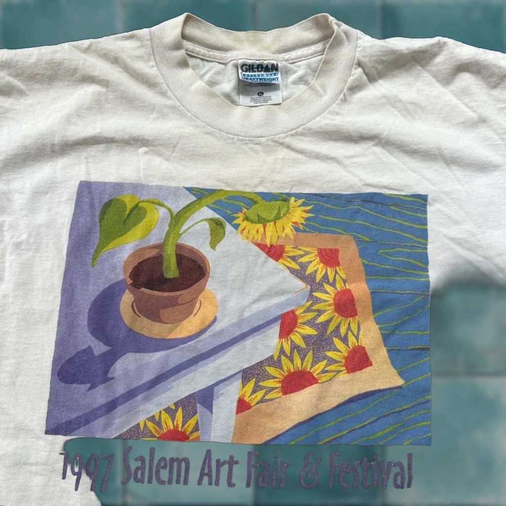 Gildan VINTAGE Art Sunflower 1997 T Shirt Salem Oregon Fair Festival PDX Portland Music XL White Gildan Mens Short Sleeve Crew Neck Graphic Print 90s 80s 70s Size US XL / EU 56 / 4 - 1 Thumbnail