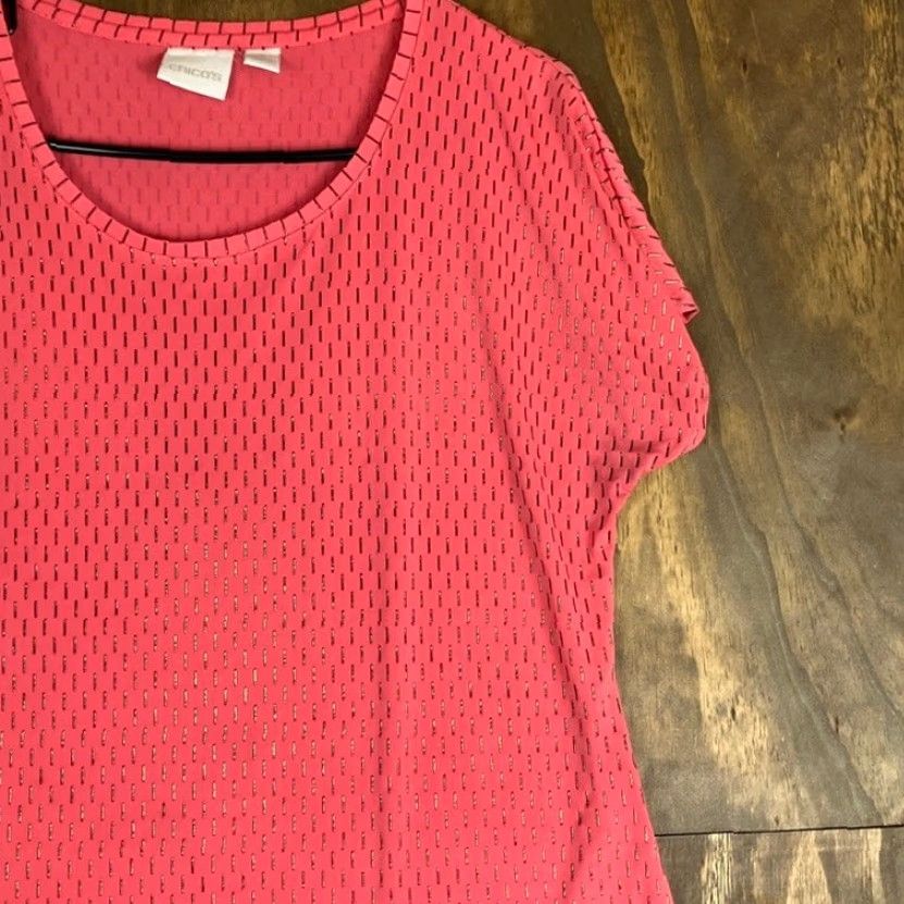 Vintage Chicos Women Blouse Coral Gold Beaded Short Sleeve Round Neck Stretch 1 (M) Size M / US 6-8 / IT 42-44 - 5 Thumbnail