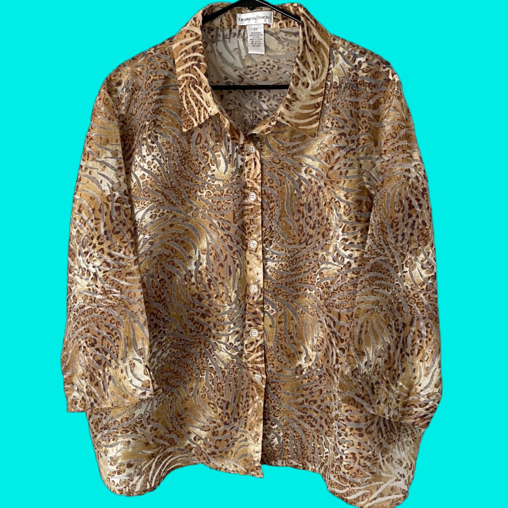 Vintage Draper's & Damons Sheer Animal Print Button-Up Blouse Brown Womens 2X Plus Size 2X Button-Up Shirt Size XXL / US 16-18 / IT 52-54 - 1 Thumbnail