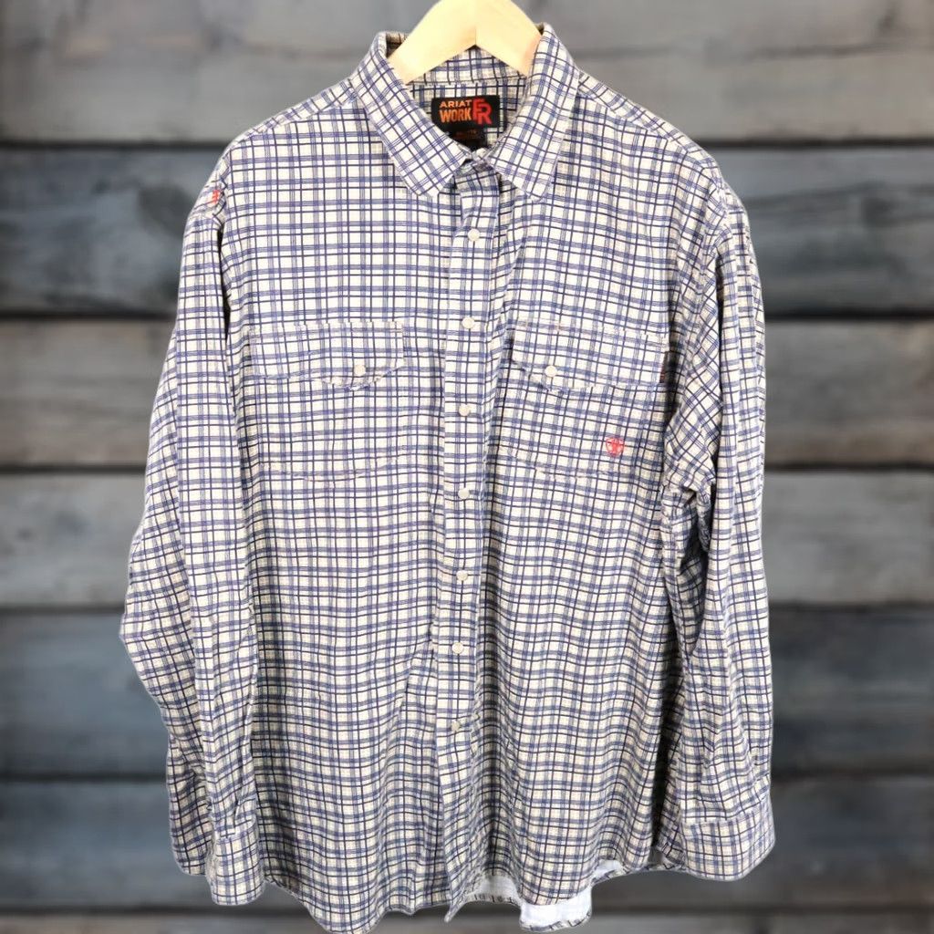 Ariat Ariat Shirt Men's 2XL FR Snap Long Sleeve Plaid Beige Blue Heavyweight Cotton Workwear Size US XXL / EU 58 / 5 - 1 Thumbnail