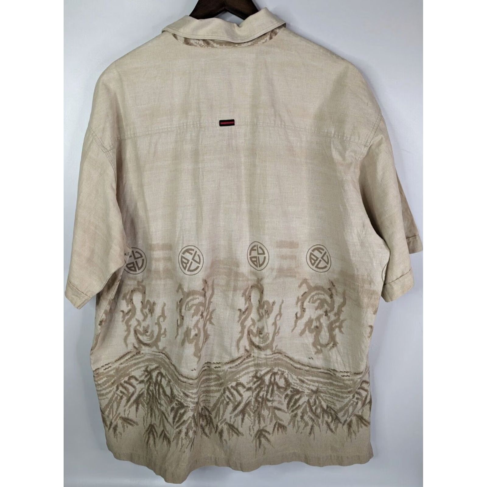 Fubu FUBU Shirt Dragon Beige Linen 2XL Short Sleeve Button-Up Collared Logo Fantasy Print Mens Size US XXL / EU 58 / 5 - 6 Thumbnail