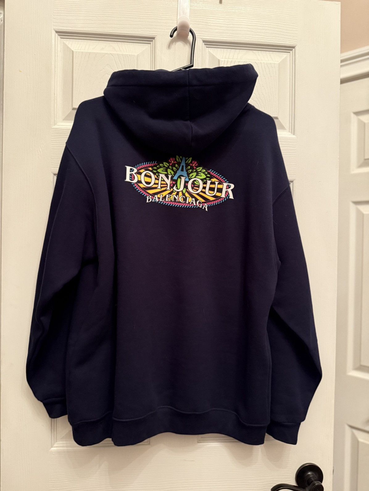Balenciaga Balenciaga Bonjour Logo Print Back Hoodie Navy | Grailed