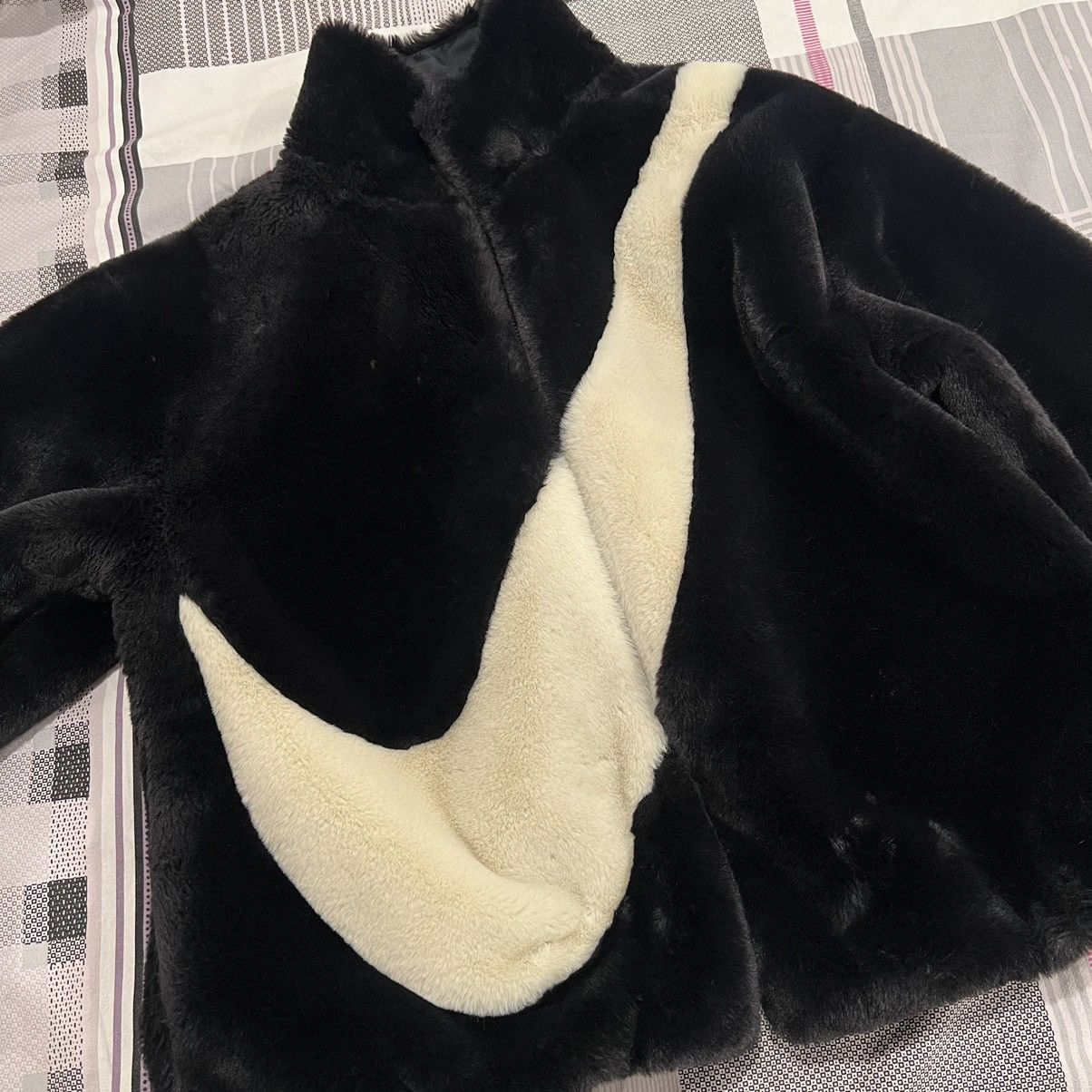 Image of Nike Swoosh Black Faux Fur Jacket, Women's (Size Small)