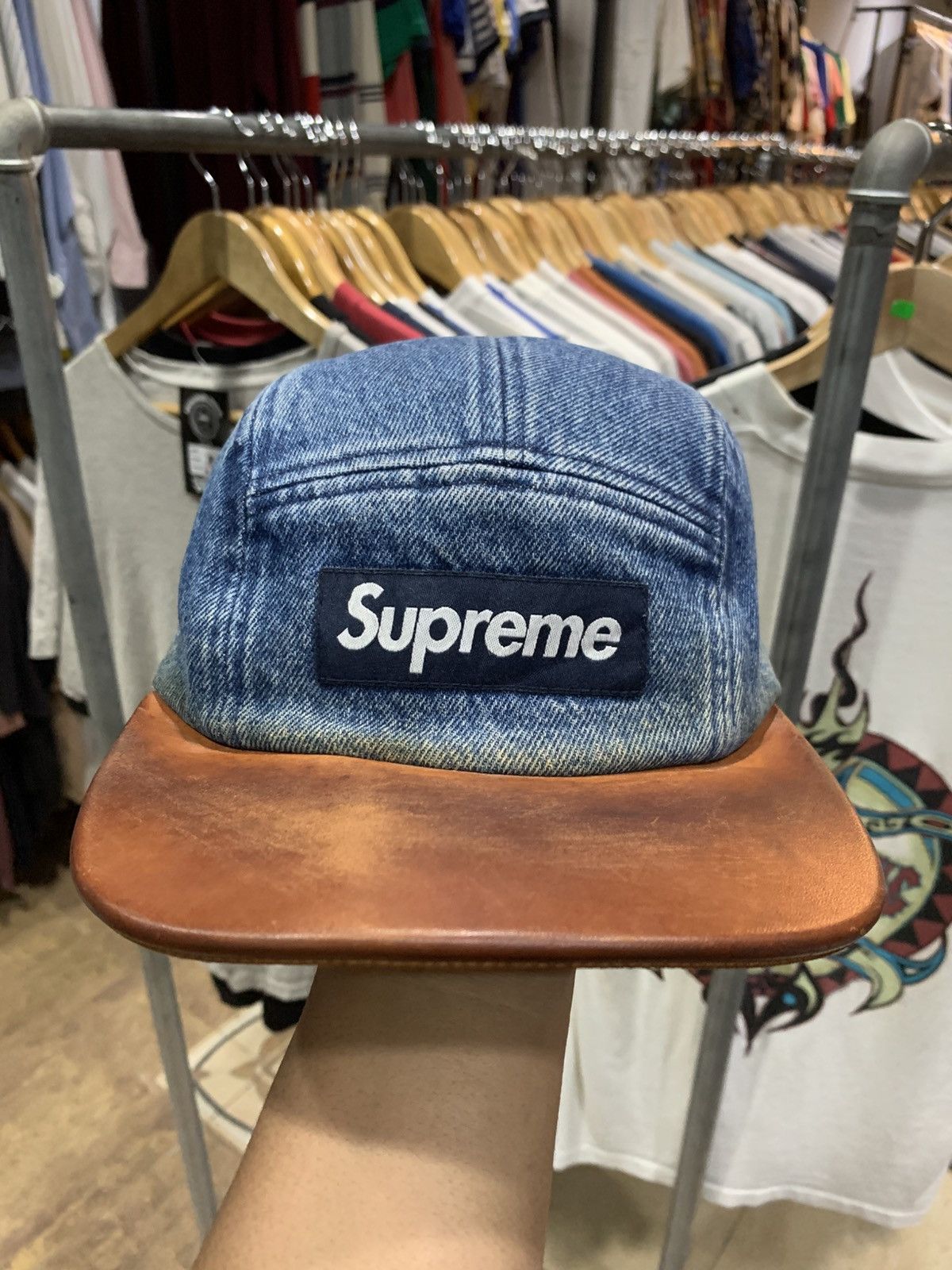 SUPREME DENIM LEATHER 5 PANEL CAP