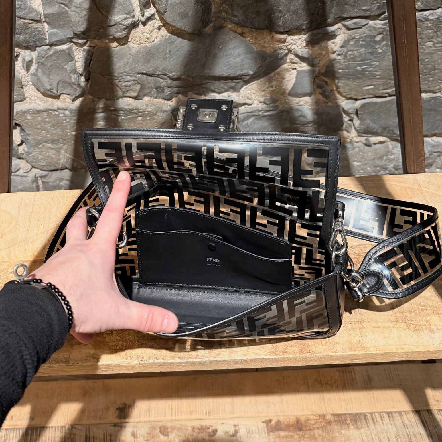 Fendi Fendi Black Leather Clear FF Zucca PVC Medium Baguette Bag Size ONE SIZE - 8 Thumbnail