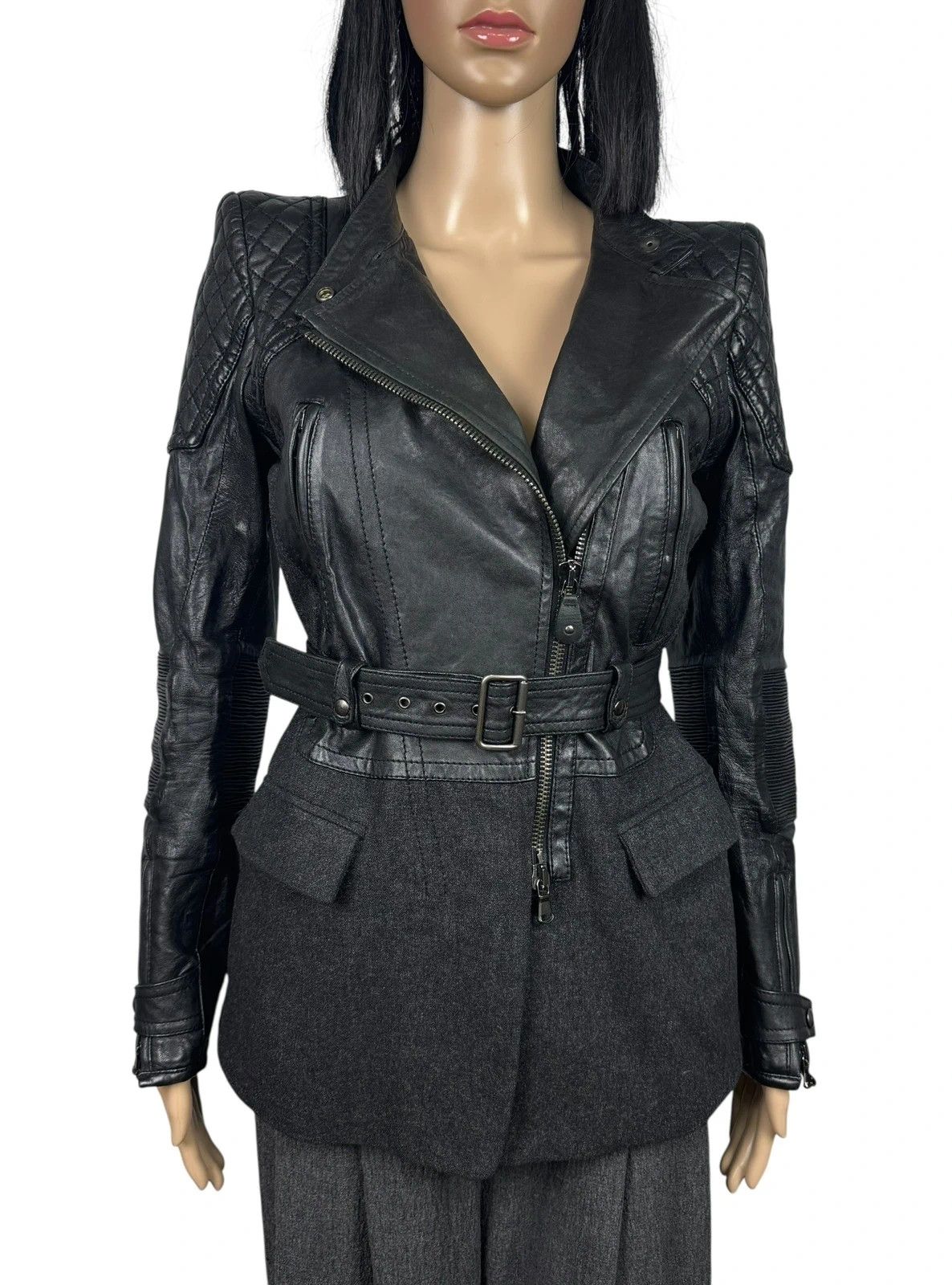 Diesel Black Gold Biker Belted Jacket Leather Wool size 40