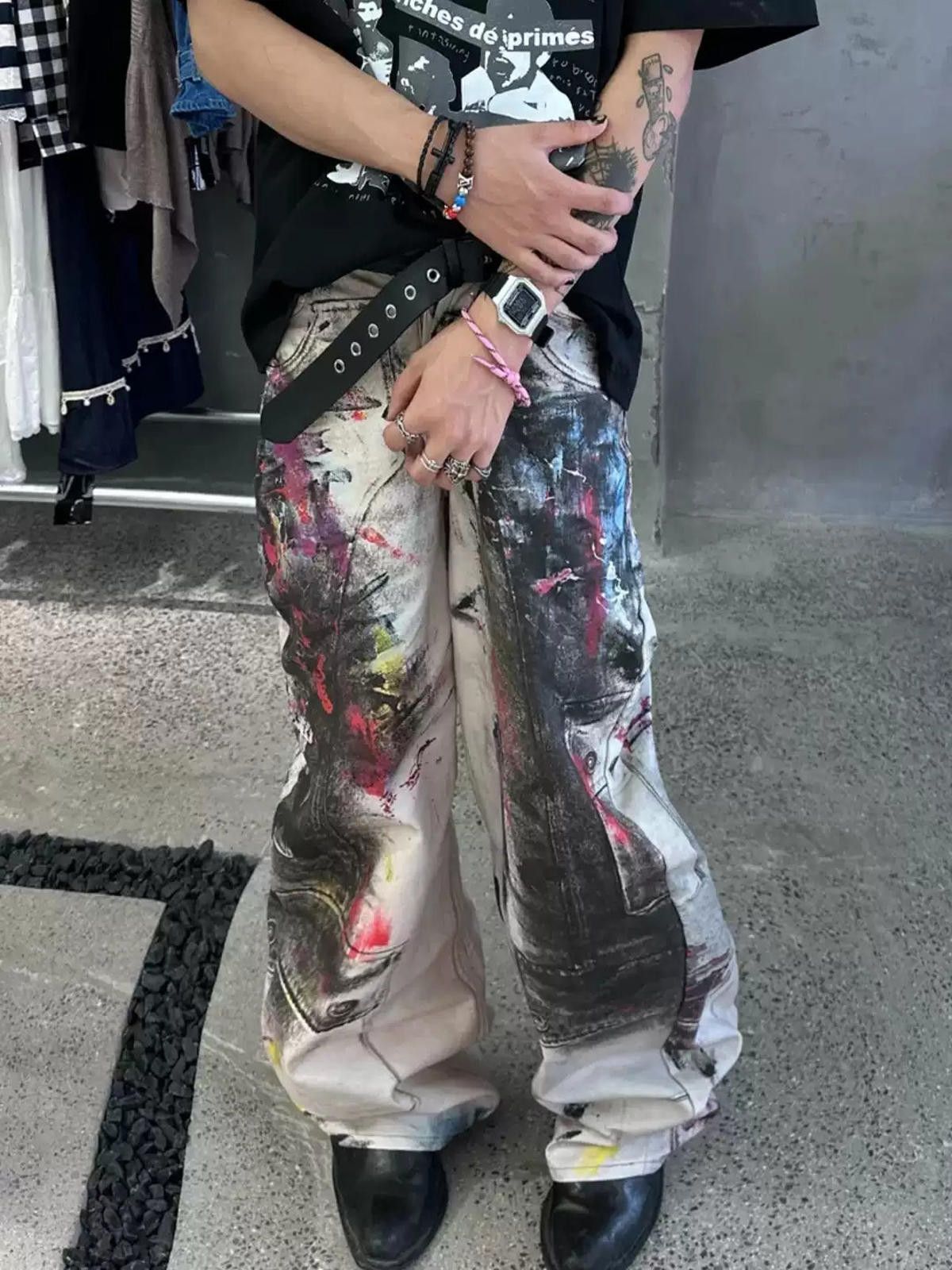 Paint-Splattered Wide Leg Jeans Artistic Streetwear