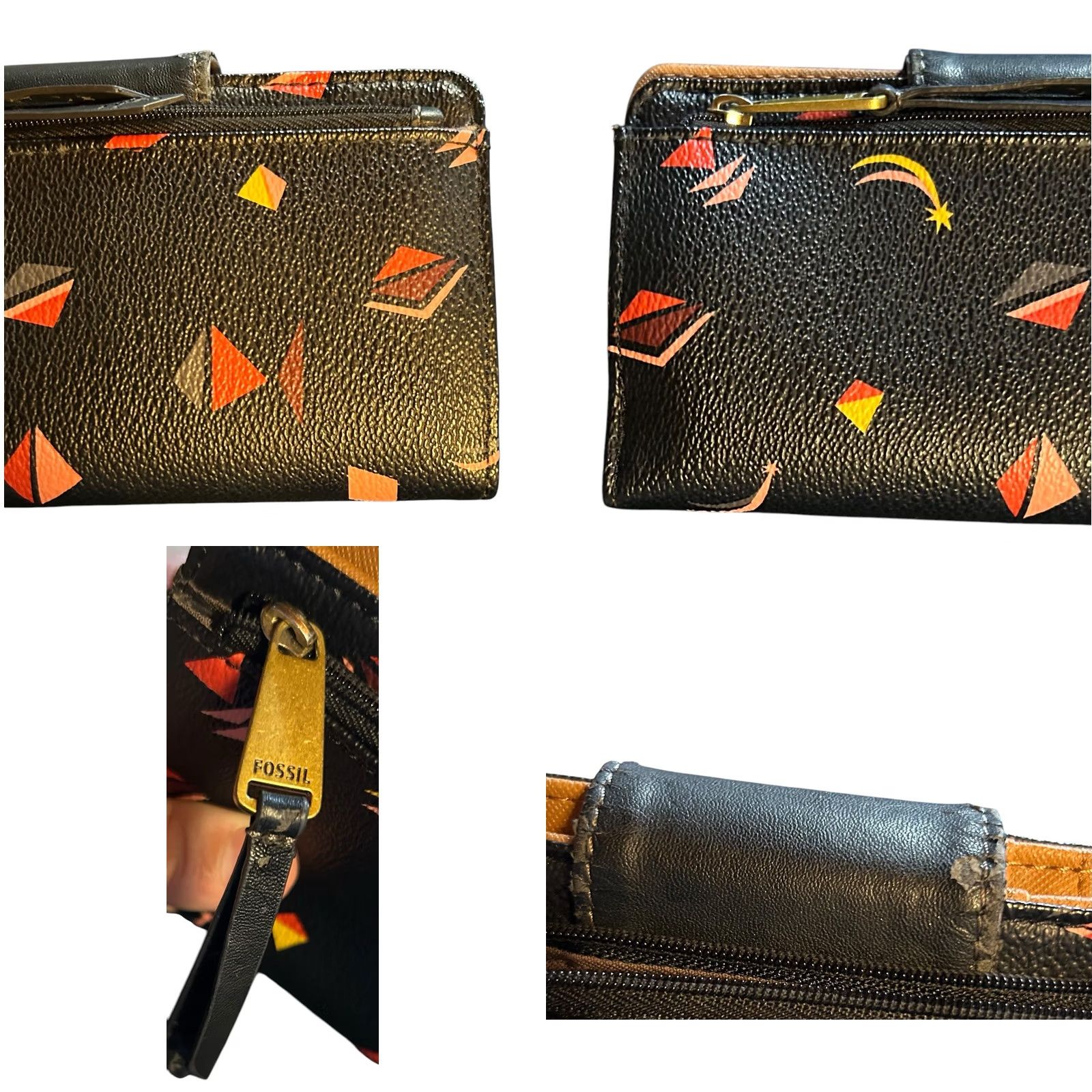 Fossil Fossil Black Leather Wallet Triangle Diamonds Star Bifold Women Credit Card Read Wallet Zip-Around Bohemian Hippie Mens Womens Girls Boys Size ONE SIZE - 10 Thumbnail
