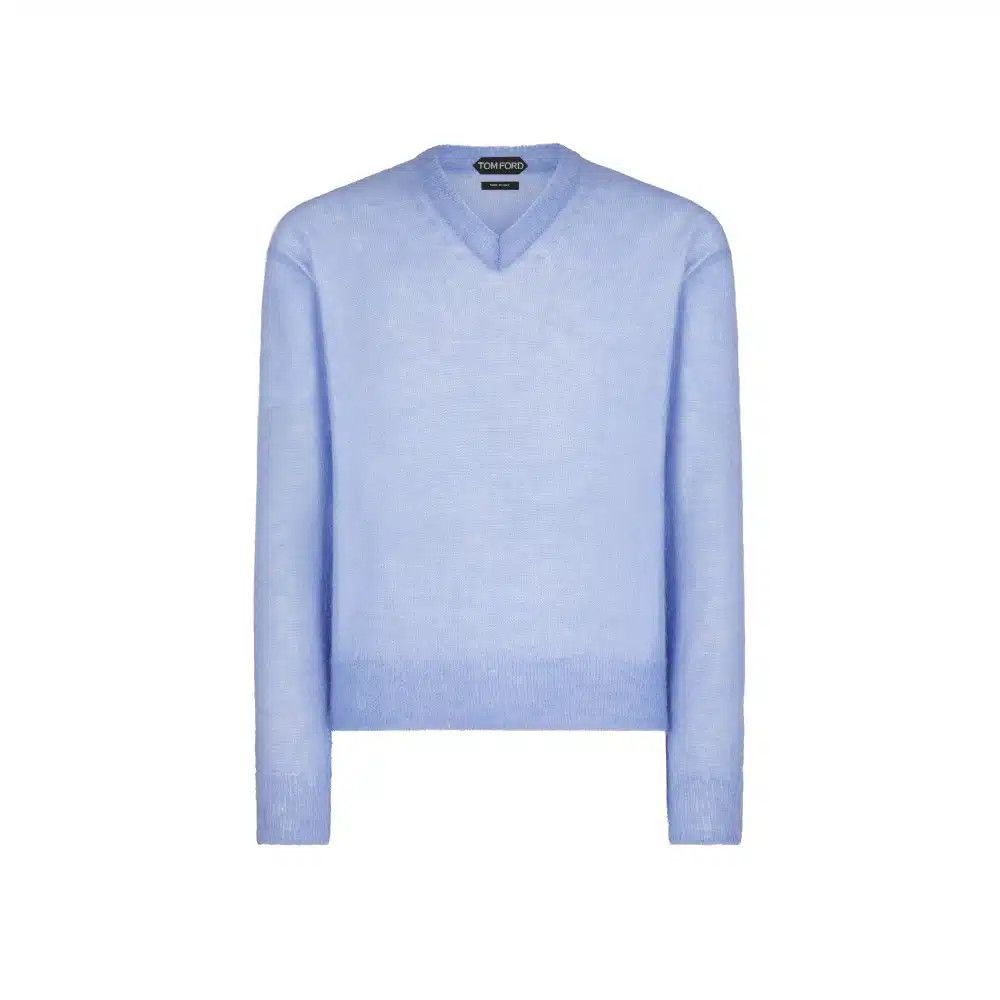 Tom Ford o1loc1c0325 KVL016 Mohair Blend V Neck Sweater in Light Blue Size US L / EU 52-54 / 3 - 1 Thumbnail