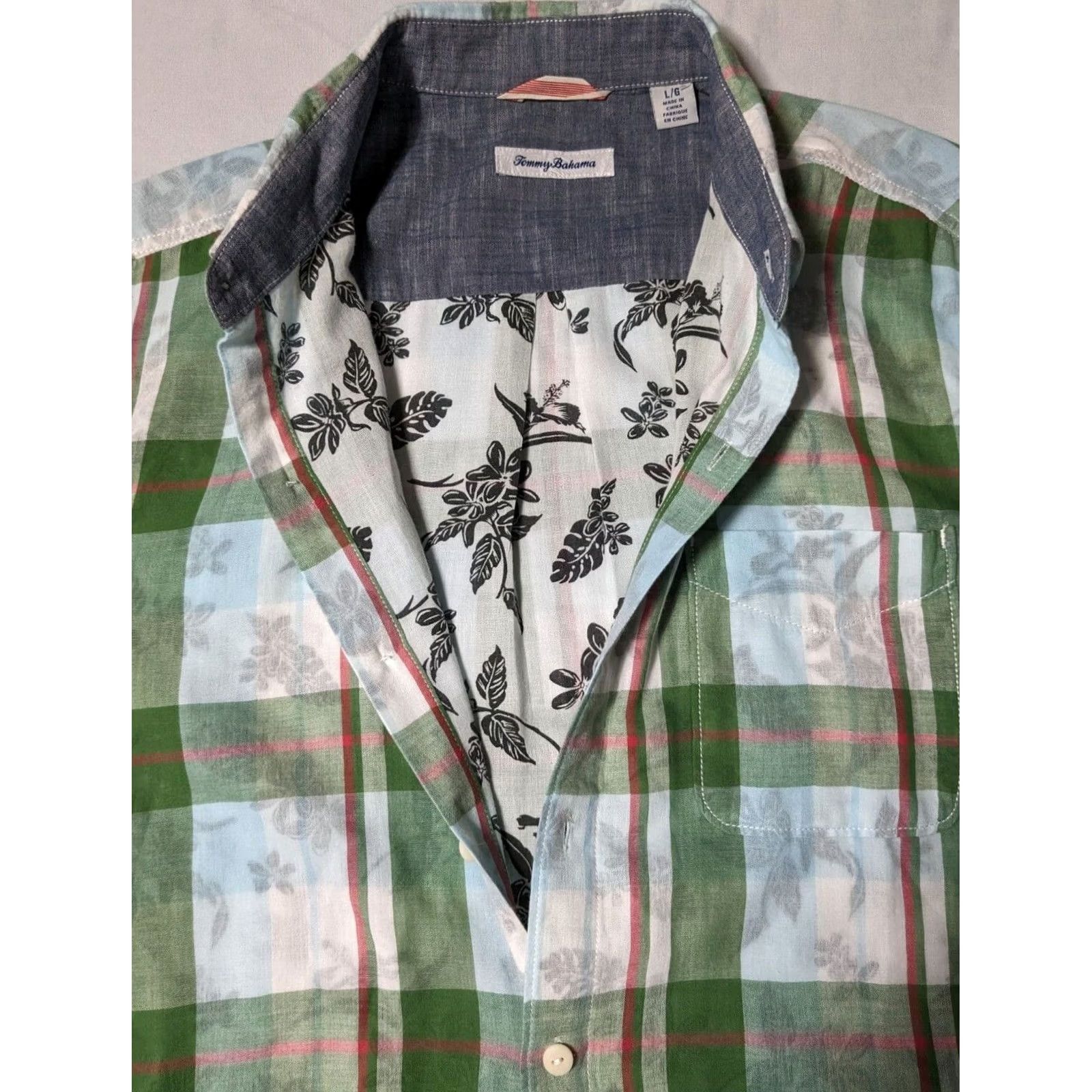 Tommy Bahama TOMMY BAHAMA Men L Button-Up Shirt Plaid Green Blue Floral Lined Cotton Short Sleeve Casual Travel Size US L / EU 52-54 / 3 - 3 Thumbnail