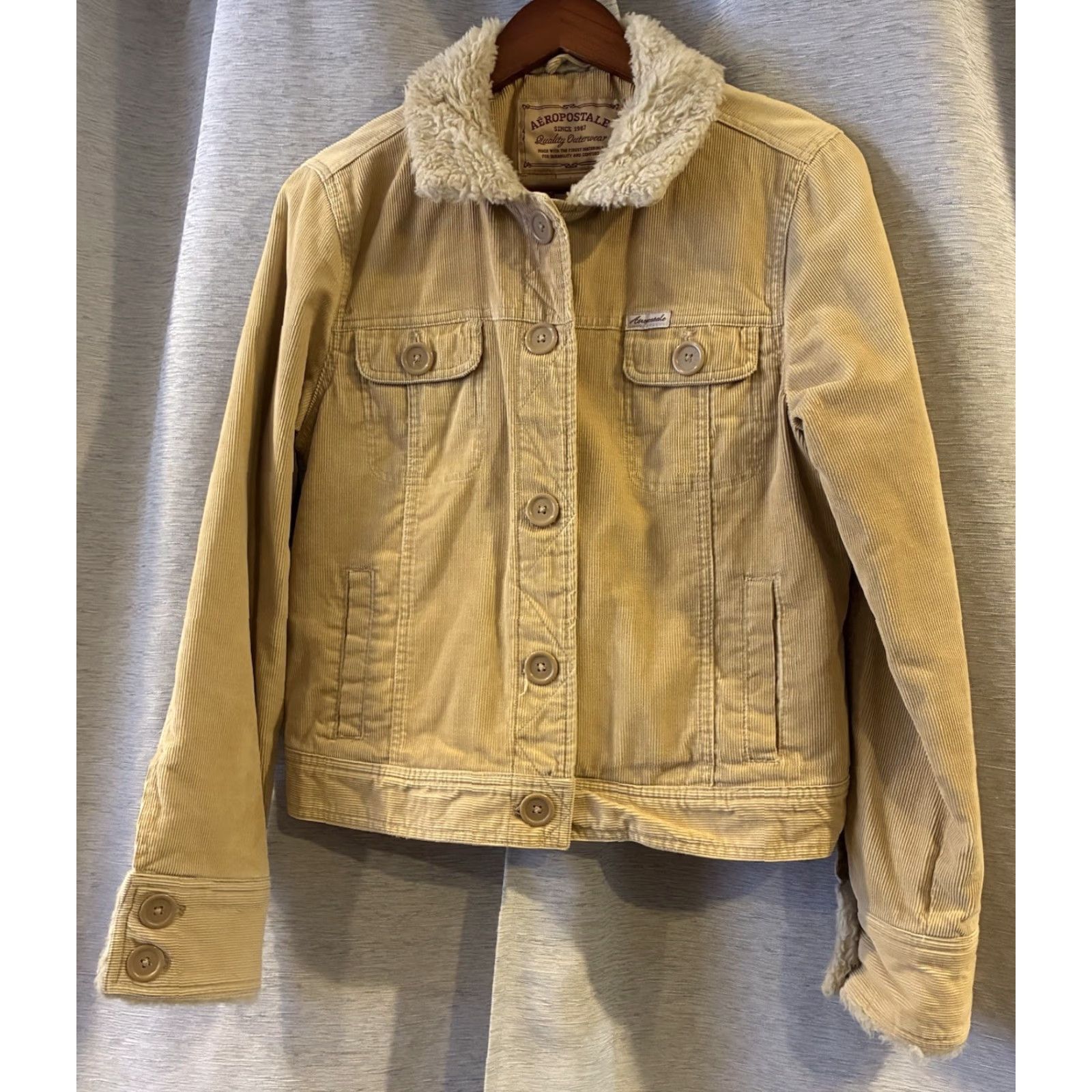 Vintage Aéropostale Beige Full Zip Jacket Women L Fur Trim Heritage Basic Coat mid-length Size L / US 10 / IT 46 - 3 Thumbnail