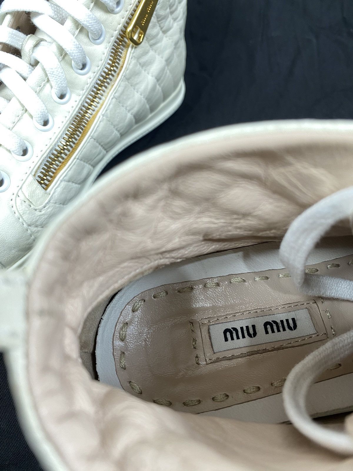 Miu Miu Miu Miu Pointed Toe White Leather Lace up High top Sneakers Size US 7 / IT 37 - 10 Thumbnail
