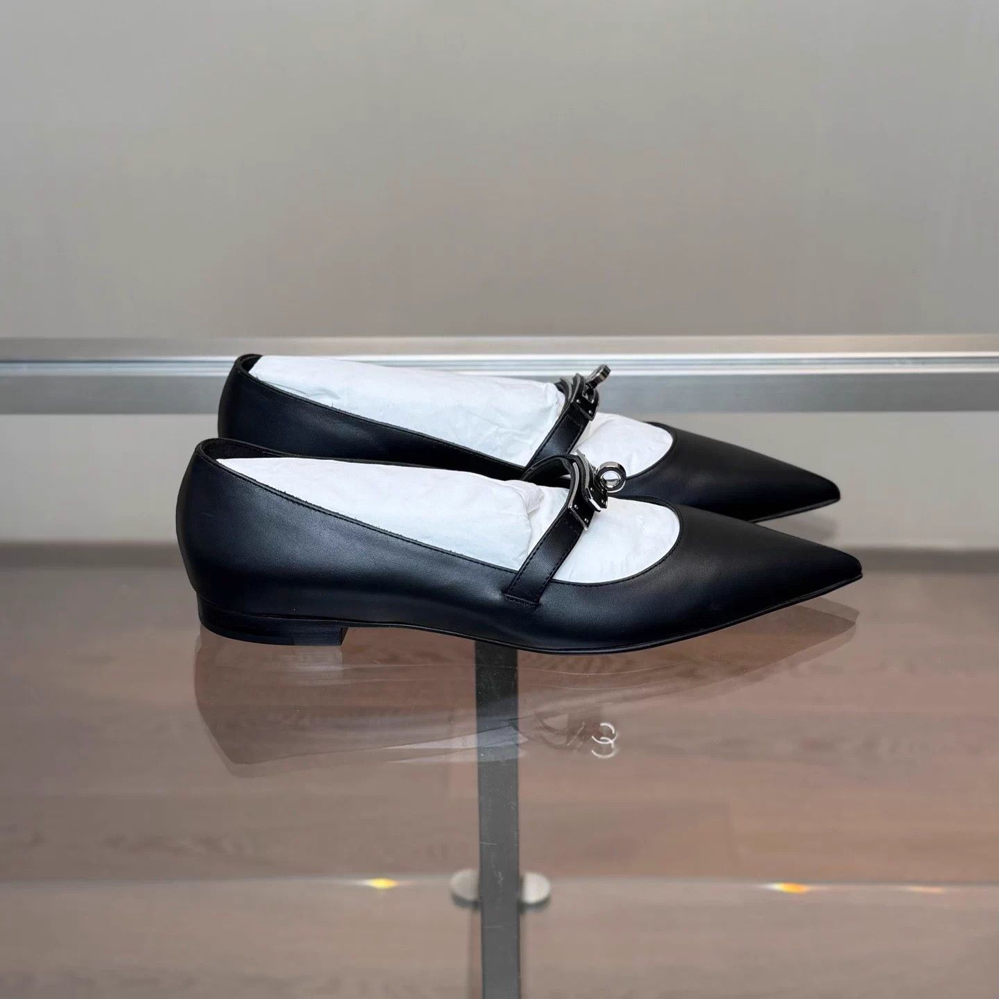 Hermes HERMES 25 Black Silver Kelly Buckle Pointed Toe Flat 36.5 Size US 5.5 / IT 35.5 - 3 Thumbnail