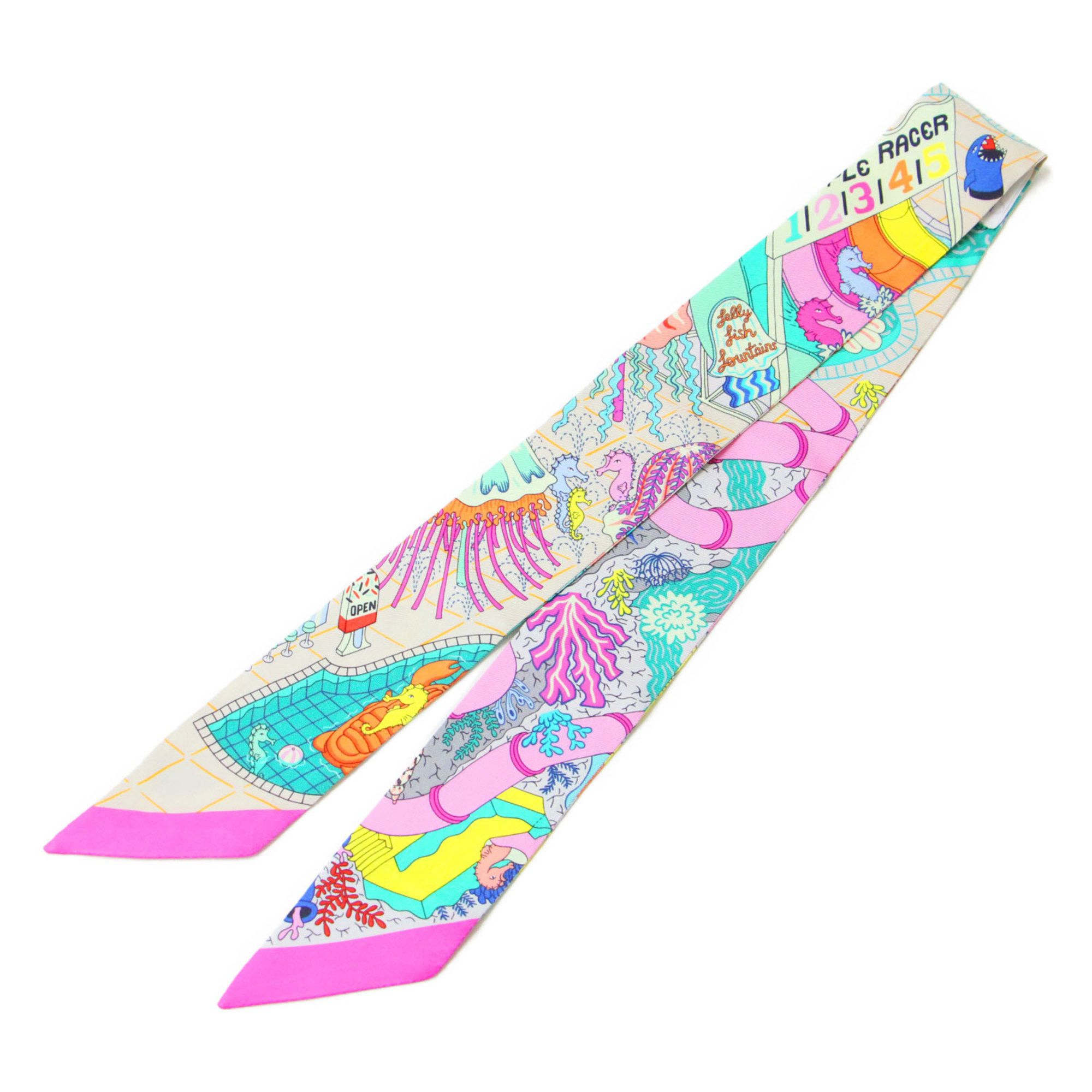 Hermes HERMES Twilly Silk Scarf/Muffler, Splash Park Design, Ribbon Print, Pink, Women's, K4754 Size ONE SIZE - 1 Thumbnail