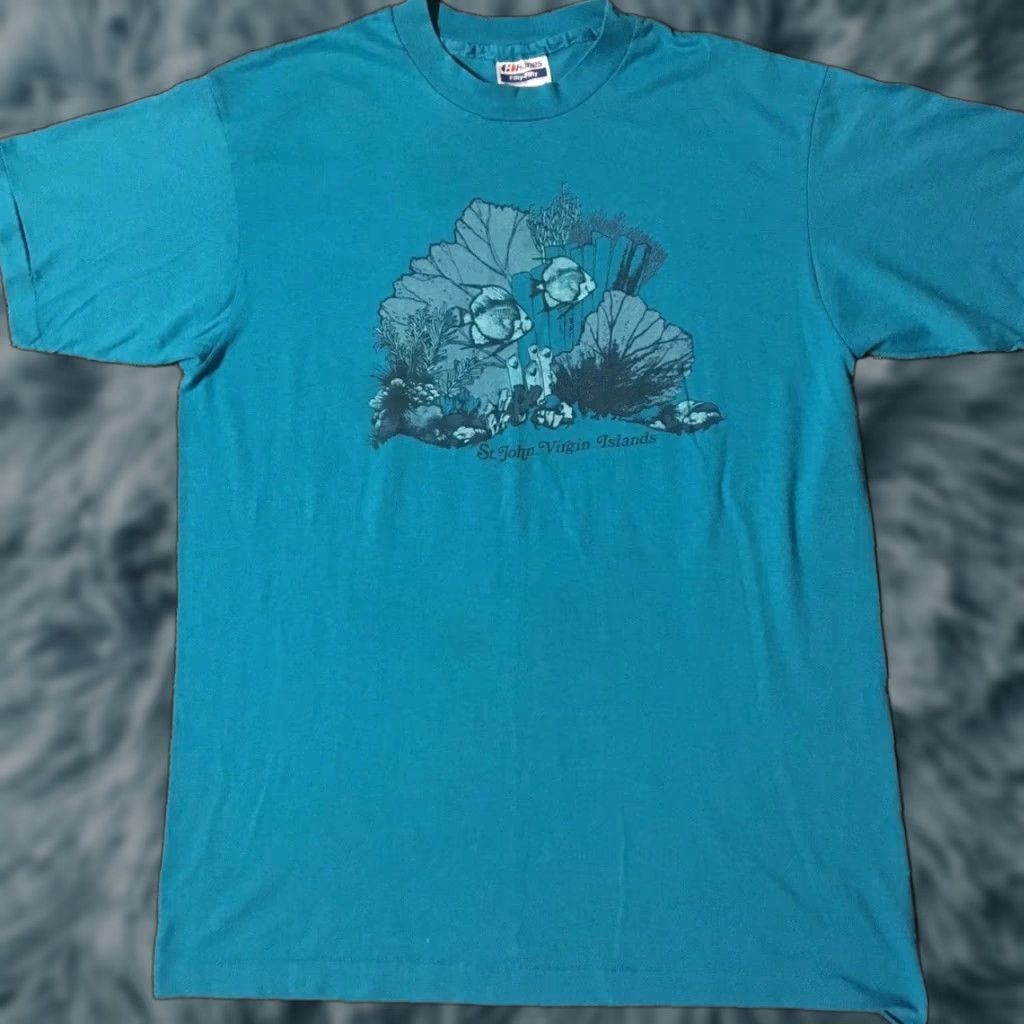 Hanes VINTAGE St John Virgin Islands Shirt Large Blue Mens T-Shirt 80s 90s Surf Beach Ocean Wave Hawaii Island Retro Size US L / EU 52-54 / 3 - 1 Thumbnail