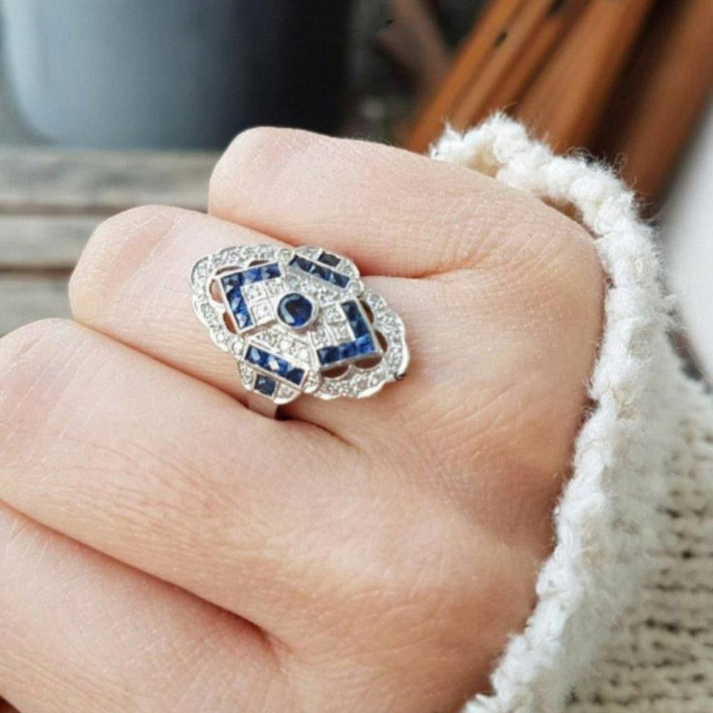 Designer Vintage Blue Sapphire European Silver Art Deco Ring - Size 7 Size ONE SIZE - 5 Thumbnail