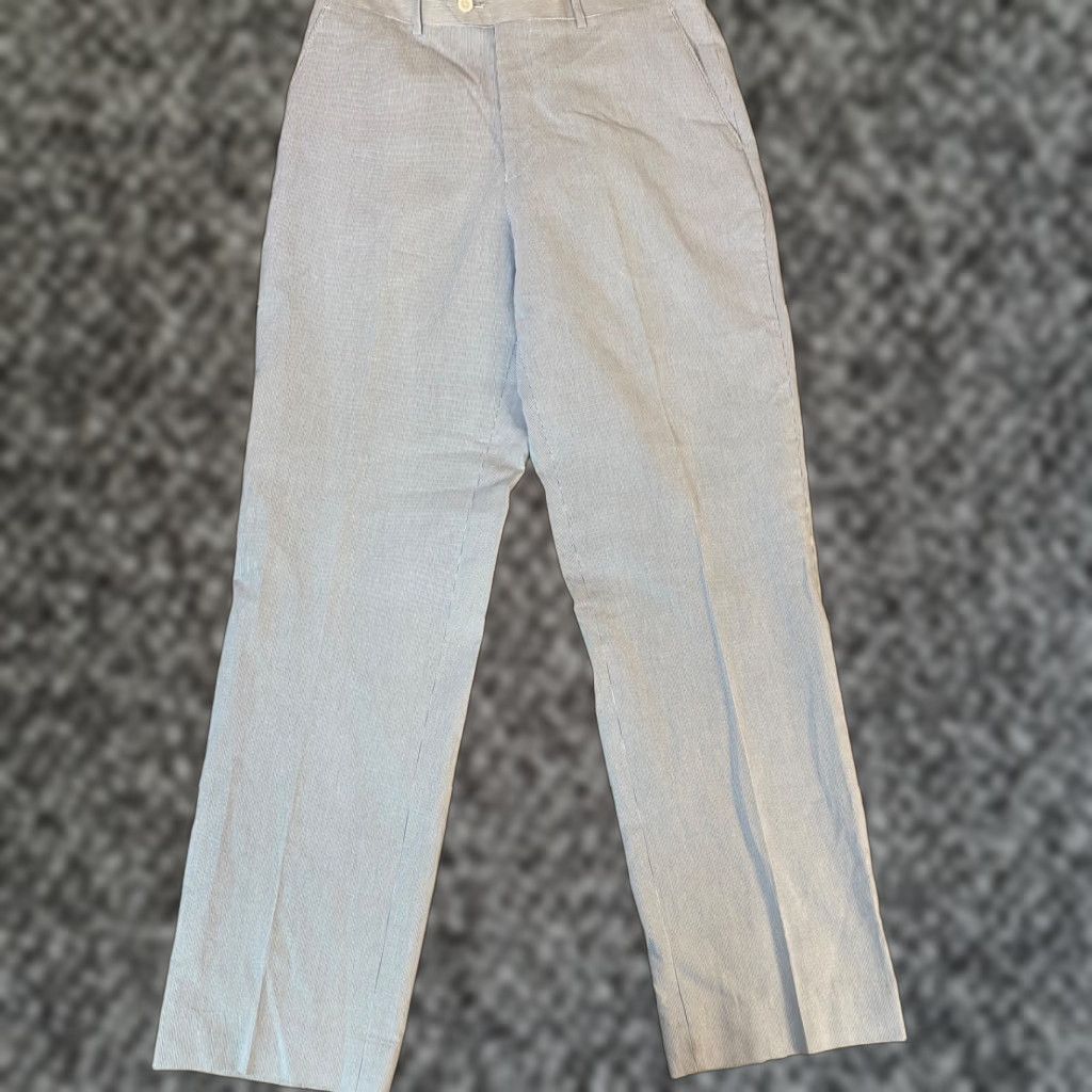 Alan Flusser Pants Mens 32 x 32 Striped Blue Cotton Chino Flat Front Seersucker Casual Beach Preppy Flat Front Pants Mens 32 Blue Chino Seersucker