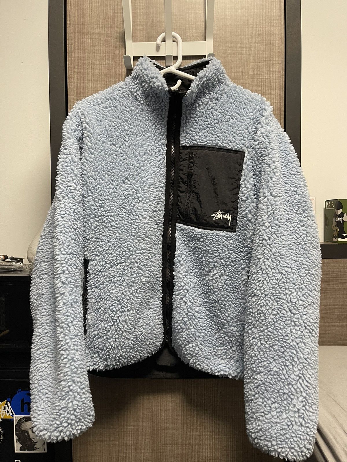 image of Stussy Reversible Sherpa Jacket in Baby Blue, Men's (Size Medium)