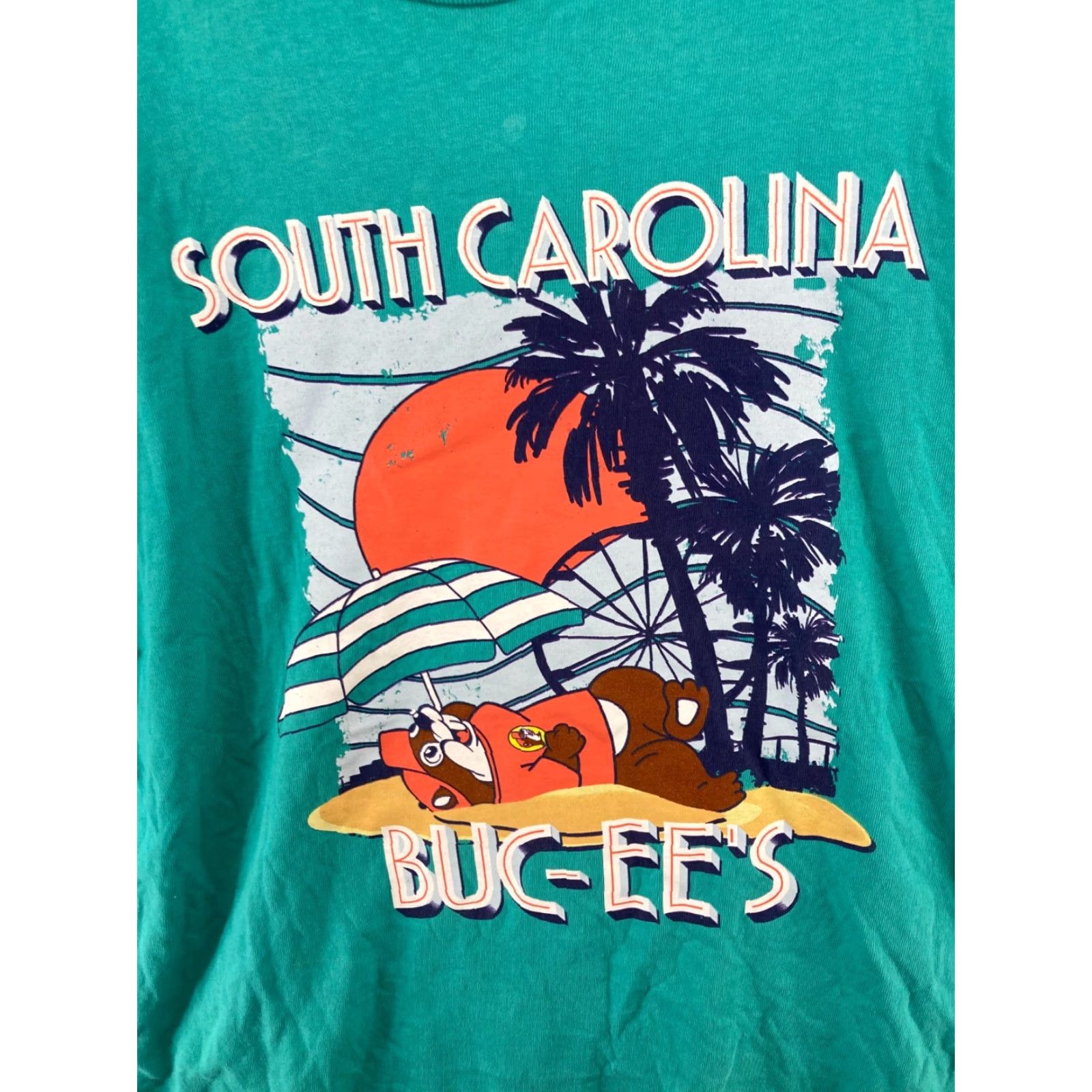 Vintage Bucees Mens TShirt XL Teal Beach Vacation Palm Tree Crew Neck Cotton Jersey Graphic Print Shirt Men XL Beach Theme 80s? Size US XL / EU 56 / 4 - 4 Thumbnail